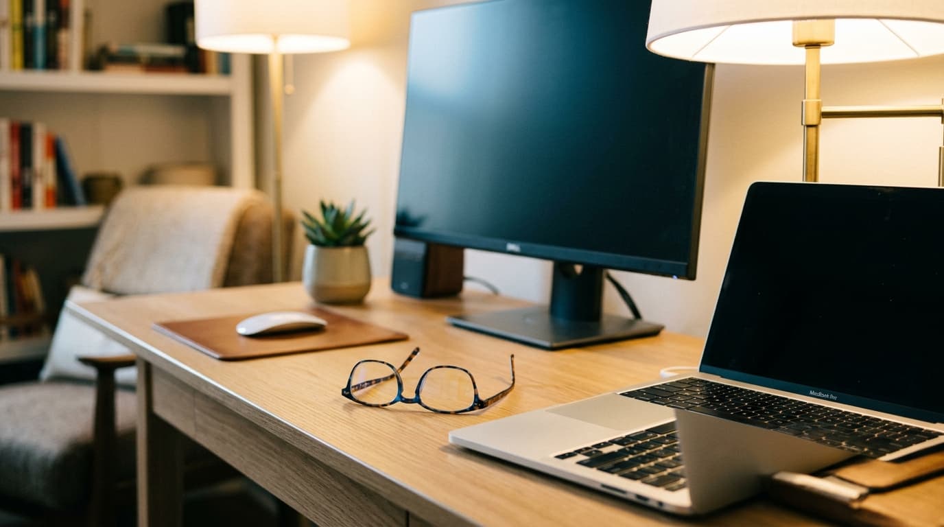 Blue light blocking glasses on a desk next to a laptop in a home office setting.