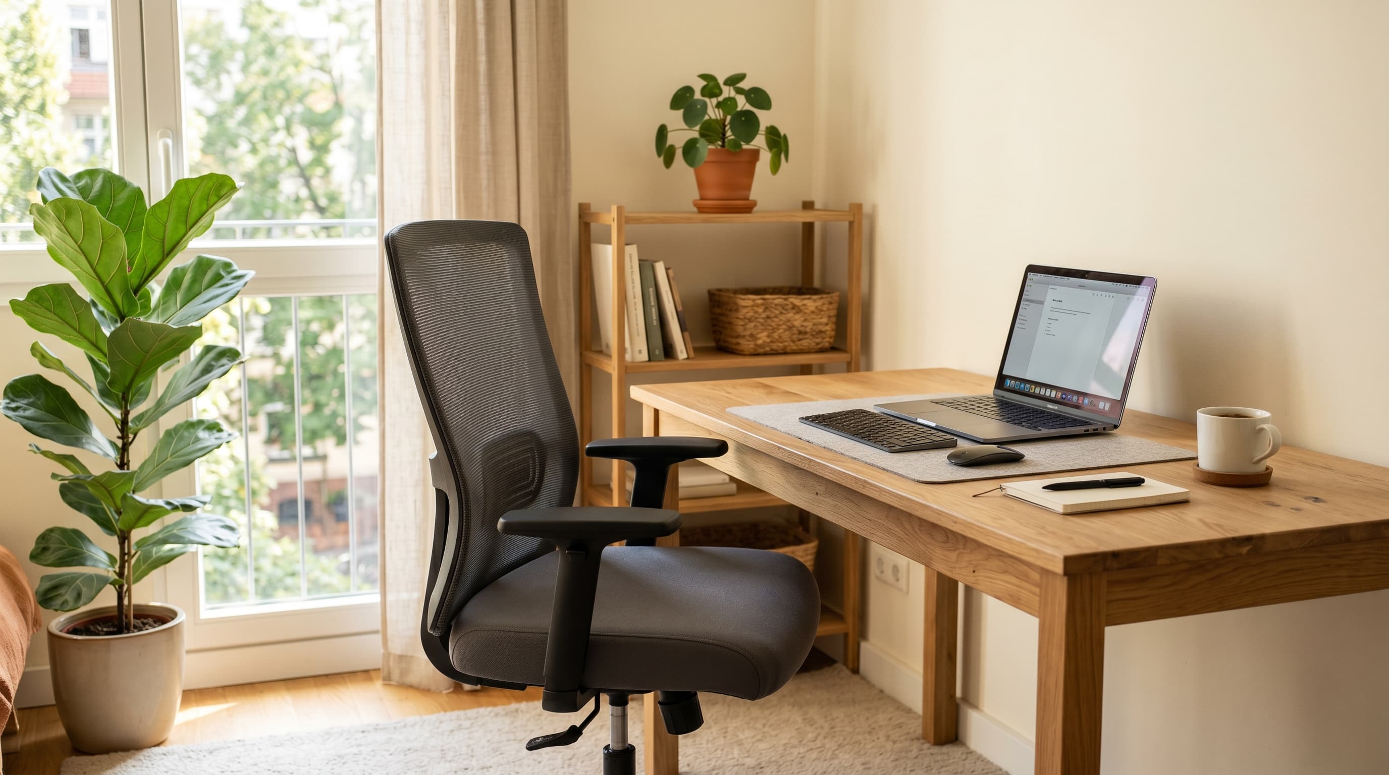 A modern mesh office chair with lumbar support at a clean wooden home office desk with warm natural light