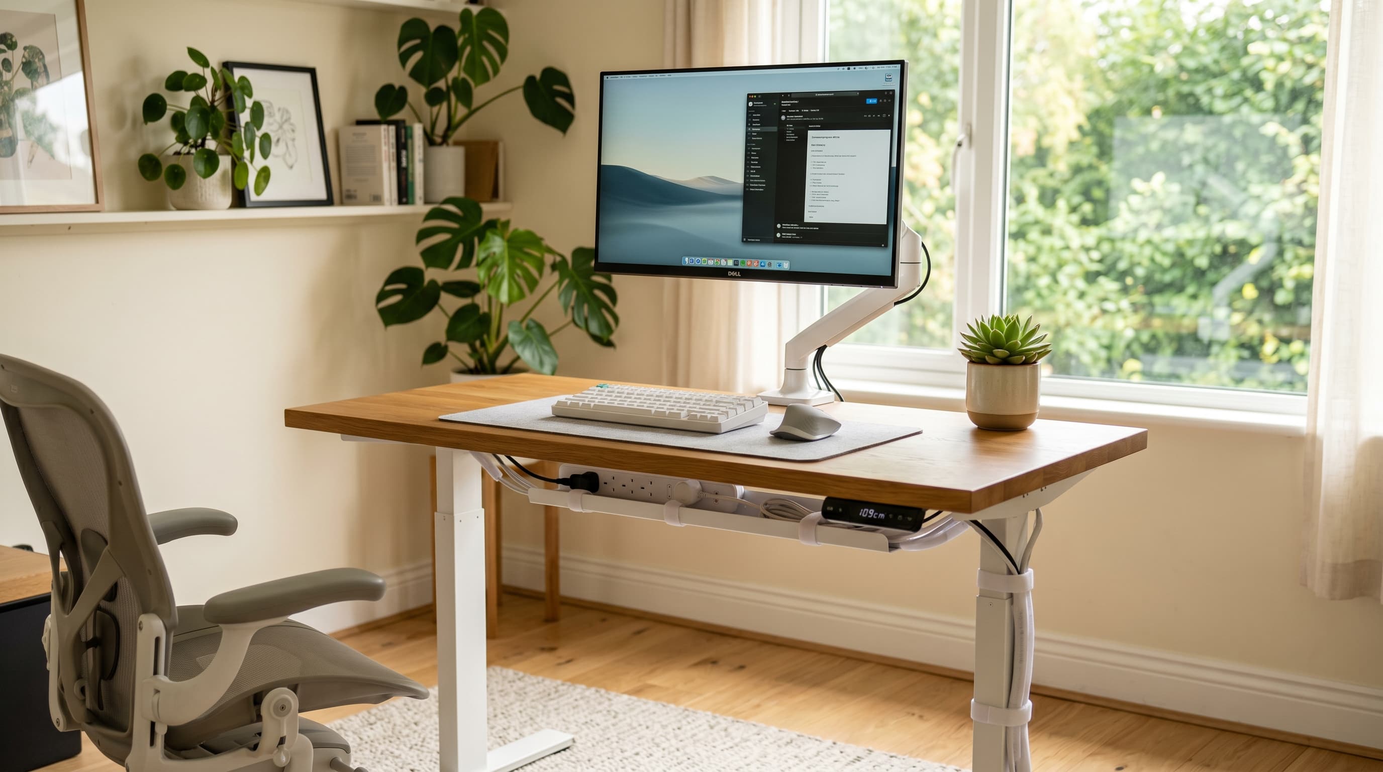 A clean electric standing desk at standing height in a bright minimal home office