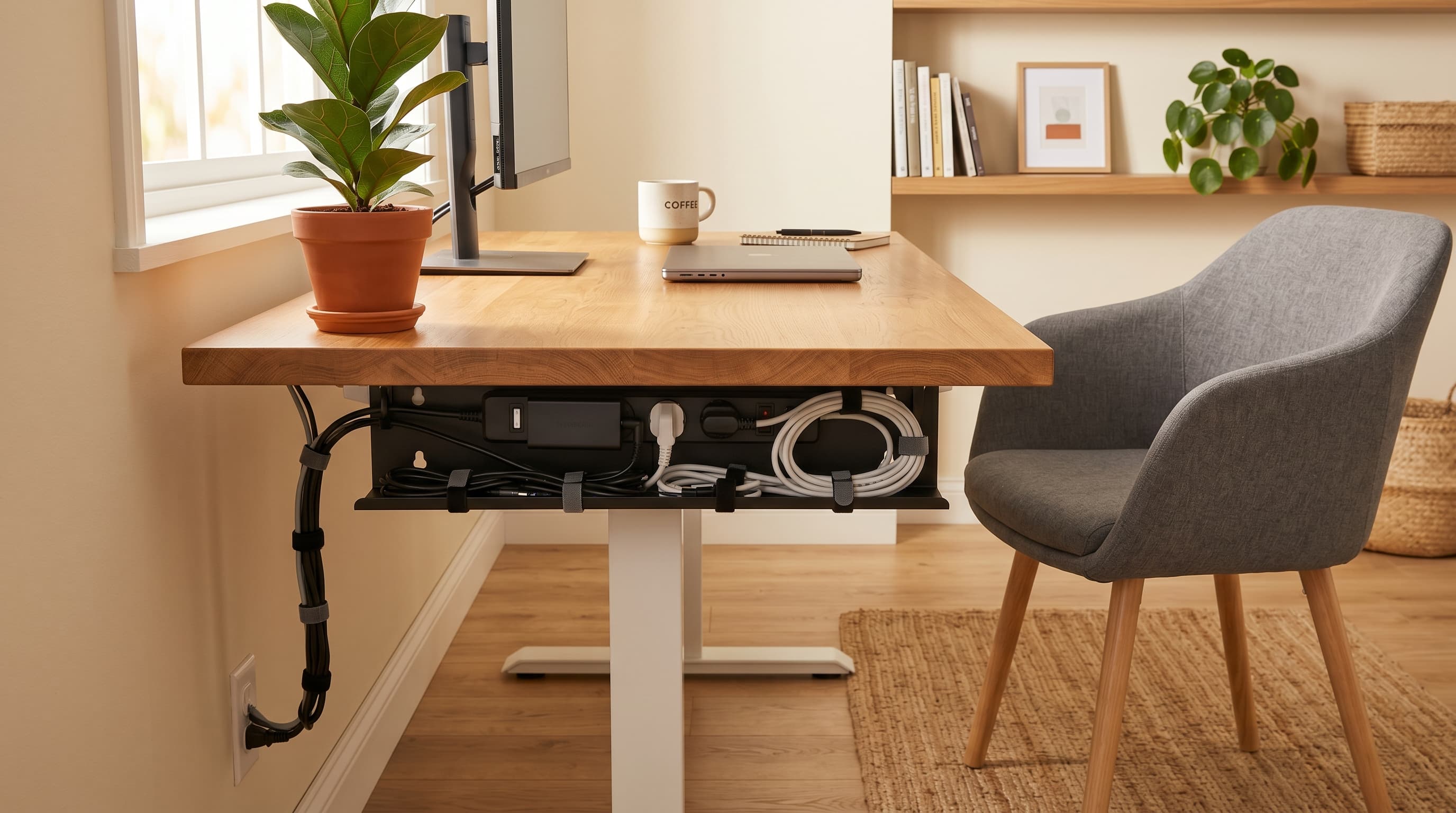 An under-desk cable management tray holding neatly bundled cables beneath a clean wooden home office desk