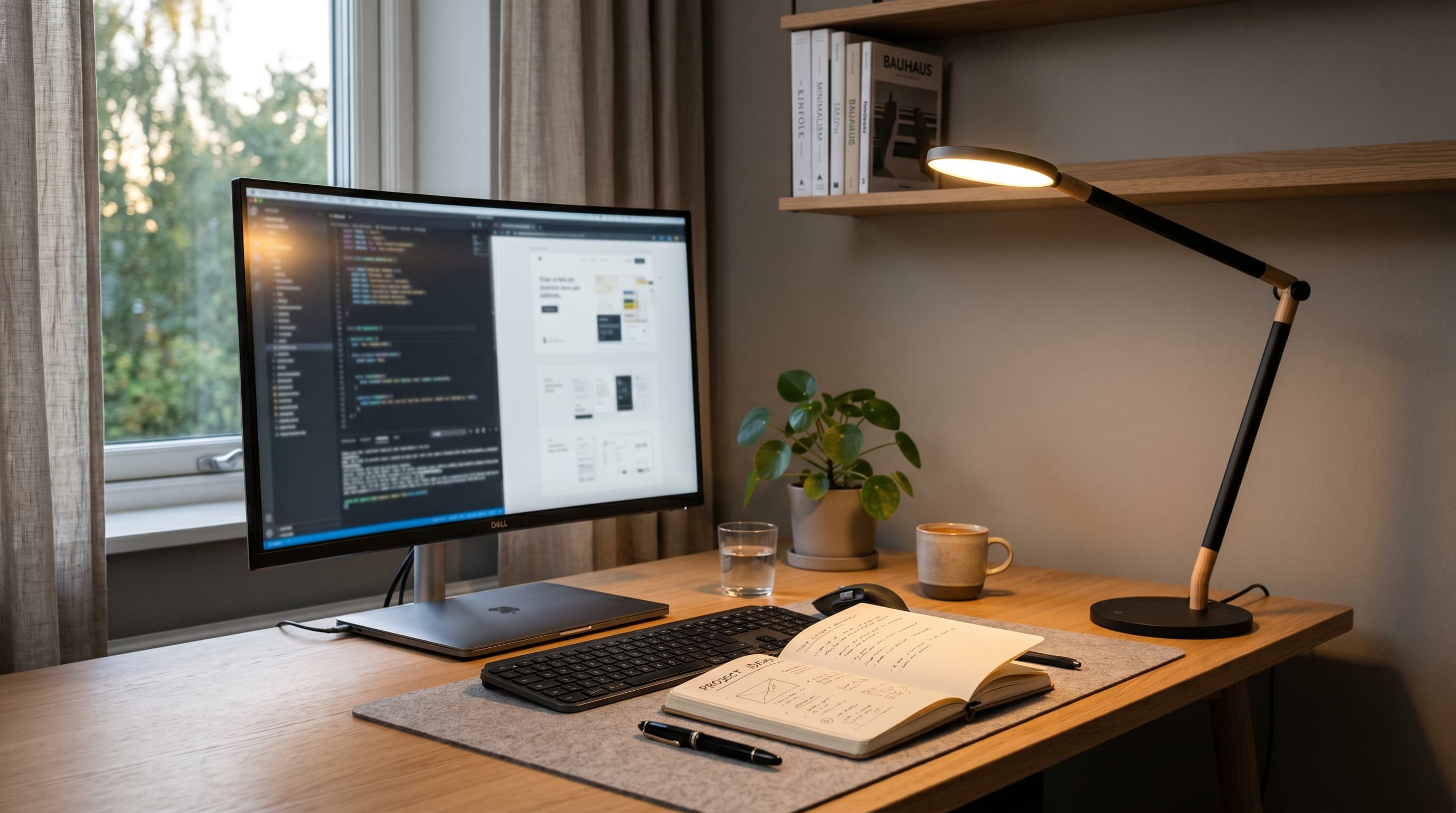 A BenQ ScreenBar Plus mounted on a monitor in a clean home office setup with warm ambient lighting.