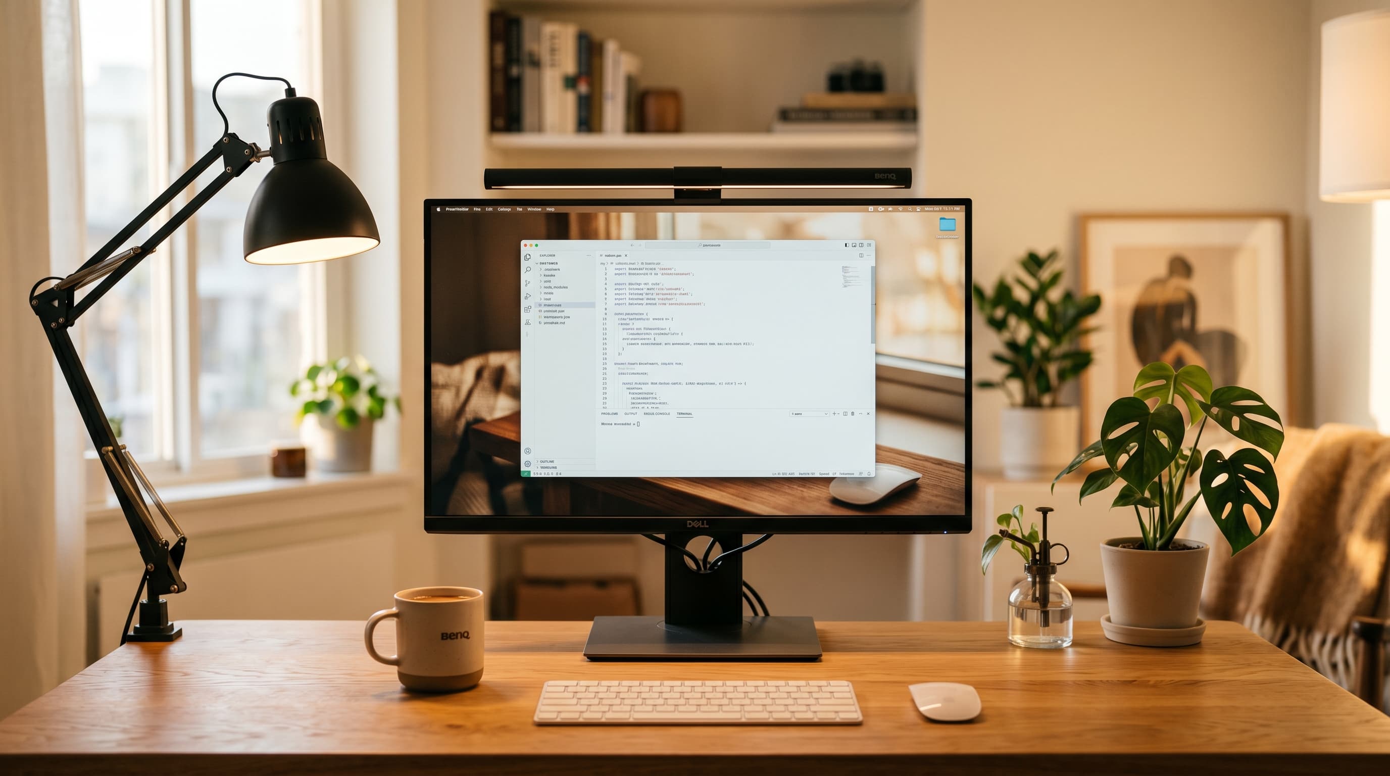 A BenQ ScreenBar Plus mounted on a monitor in a clean home office setup
