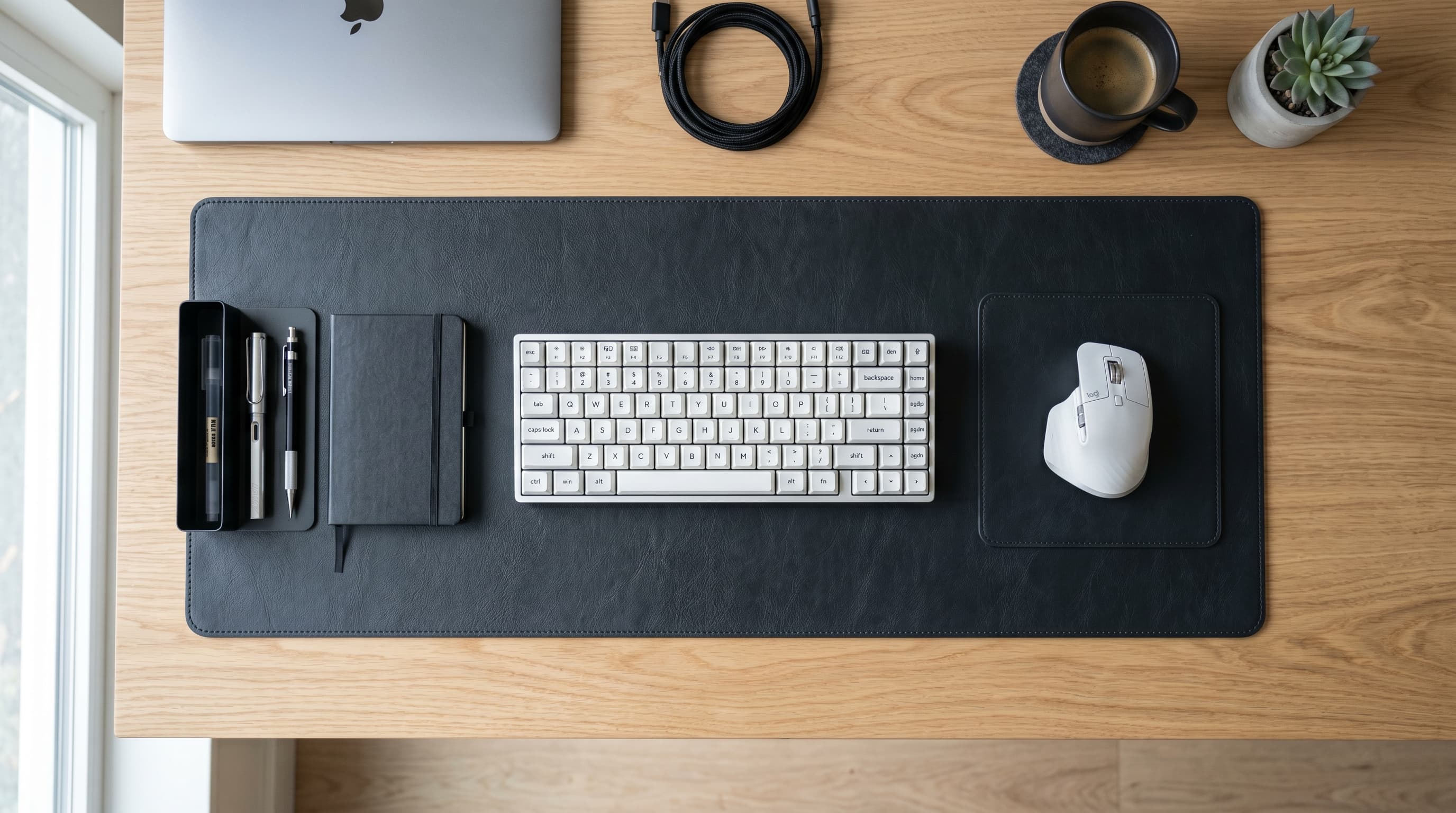 A large leather desk mat on a home office desk with a keyboard, mouse, and small plant on top