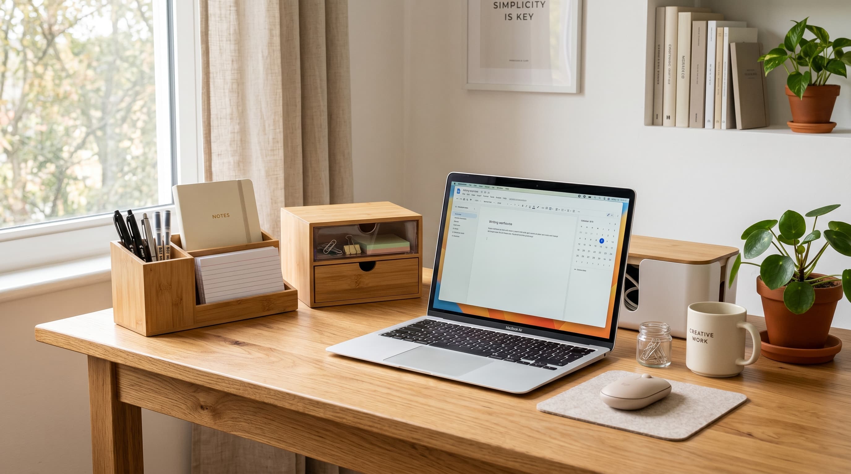 A neatly organized minimal home office desk with a bamboo desk organizer, drawer unit, and cable management box