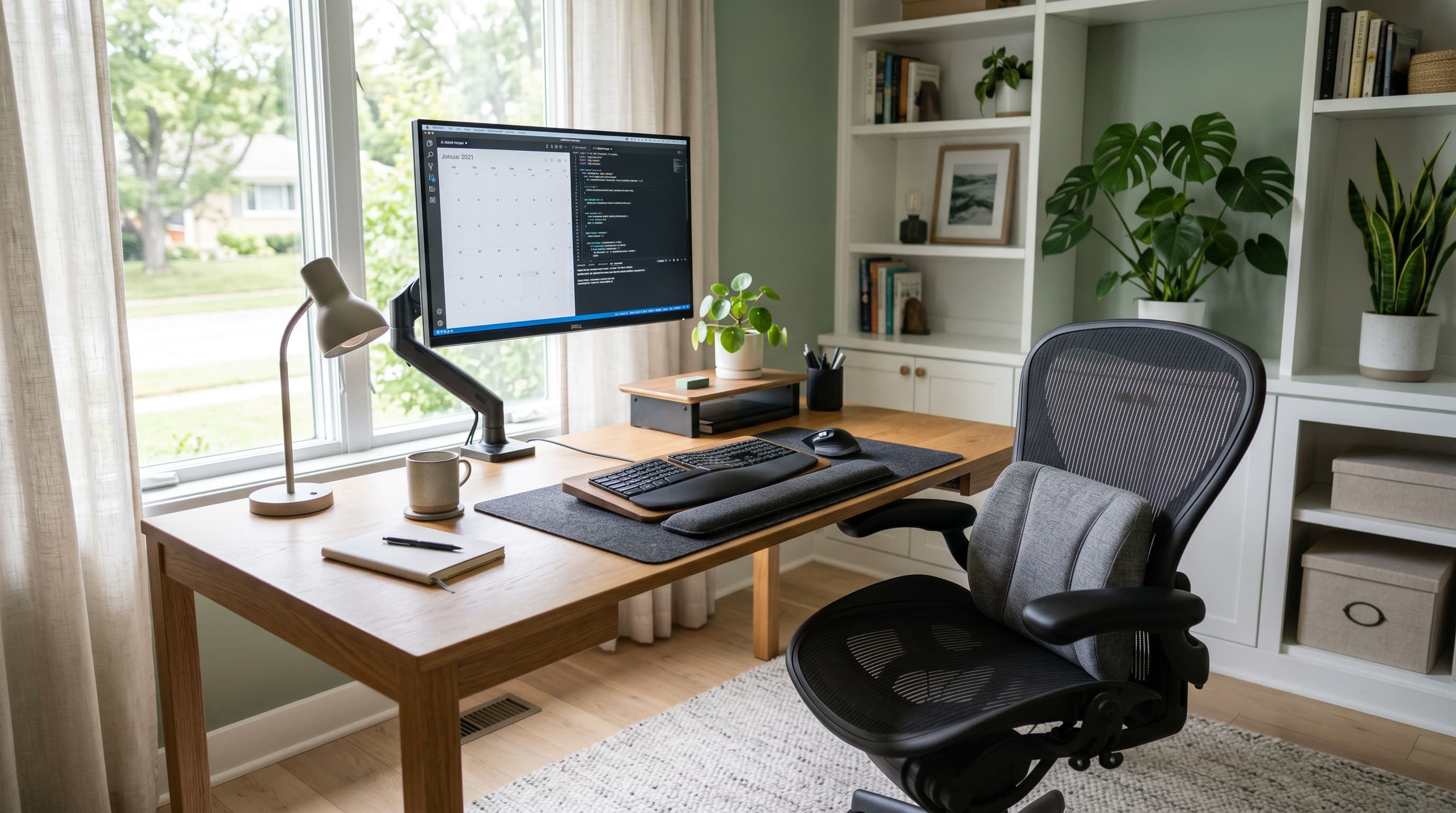 An ergonomic home office setup with a lumbar pillow, wrist rest, footrest, and monitor arm on a clean desk