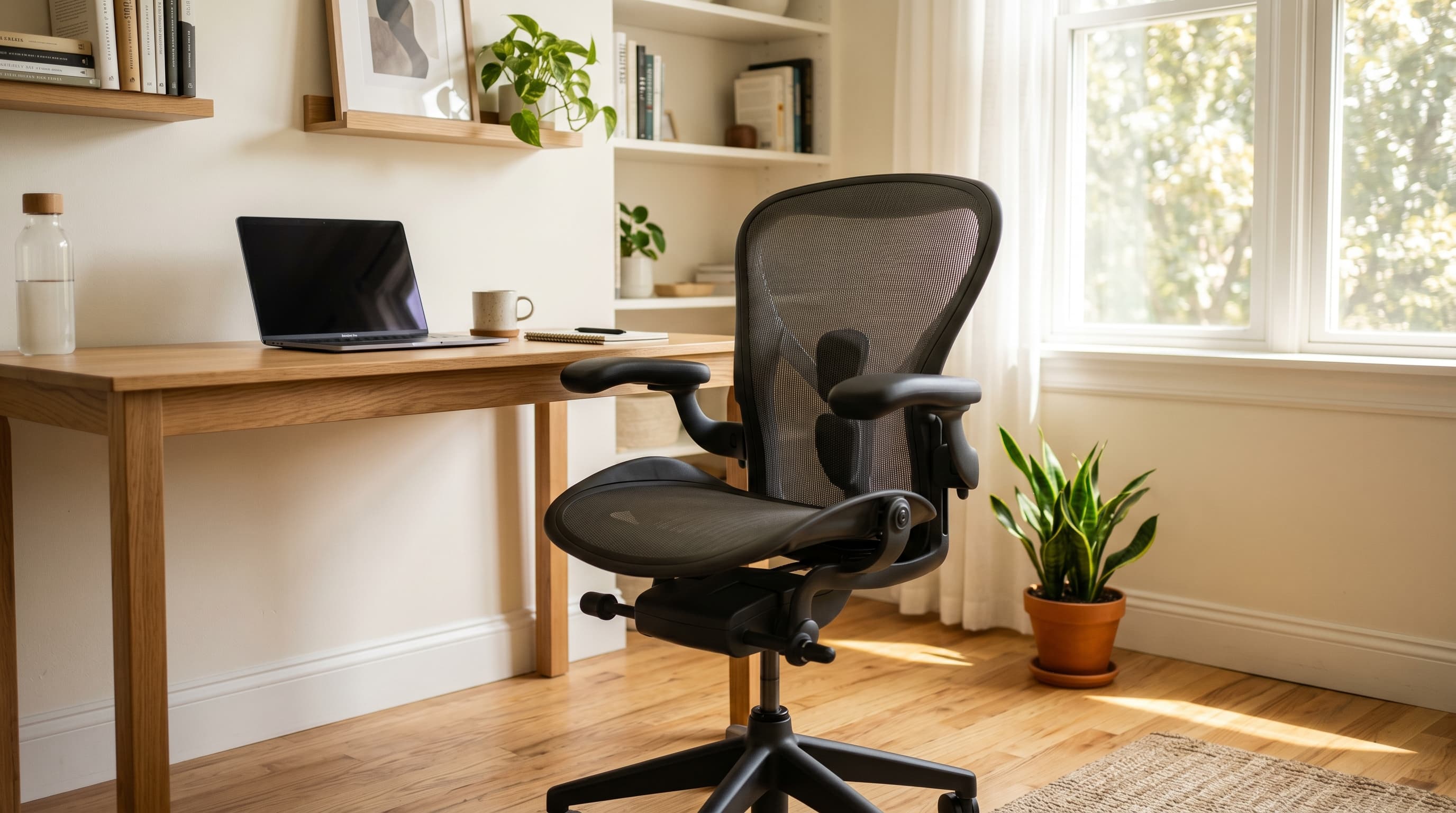 Six budget ergonomic office chairs arranged side by side showing mesh backs and adjustable armrests for home office use