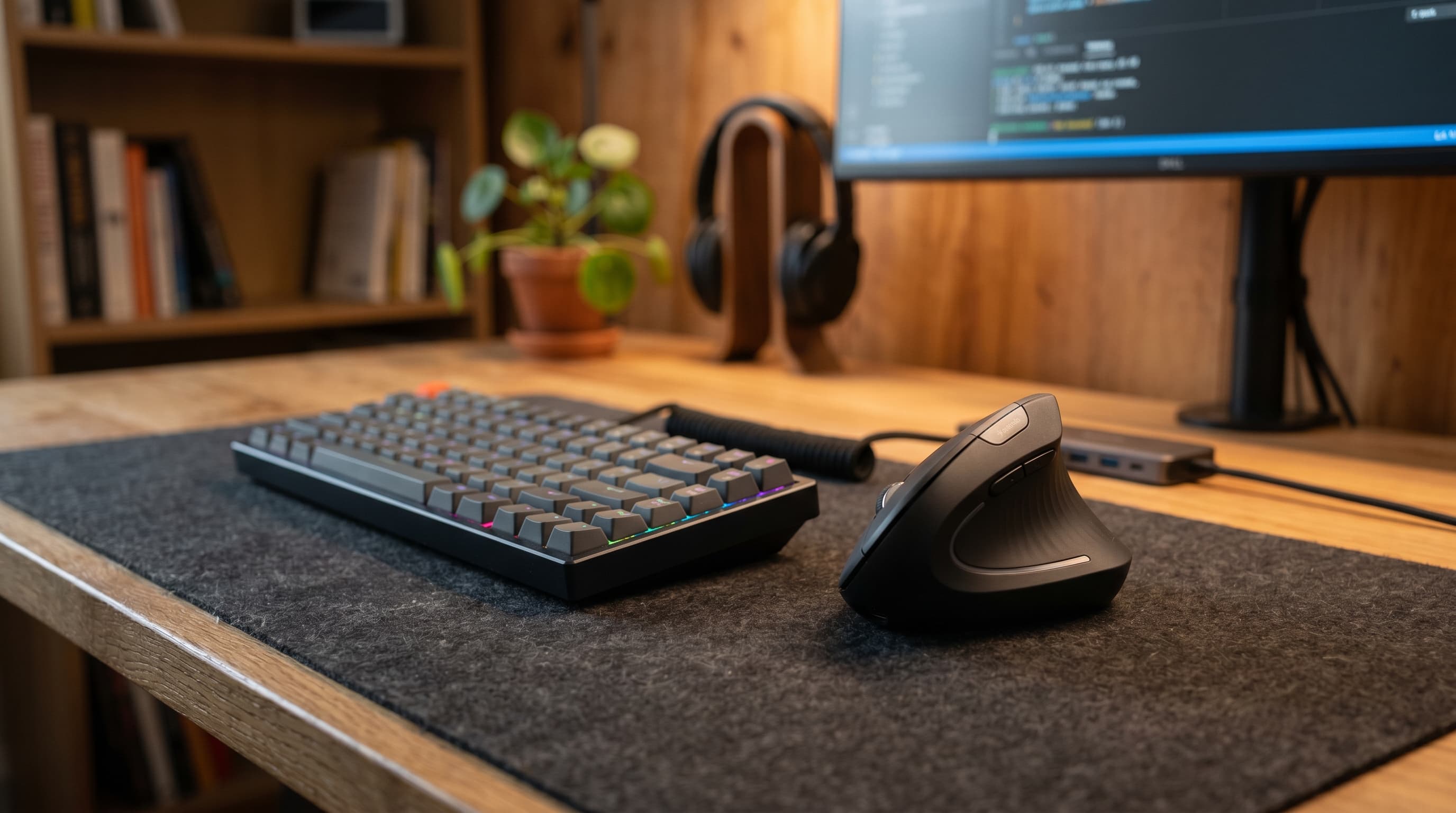 An ergonomic vertical mouse next to a mechanical keyboard on a clean home office desk