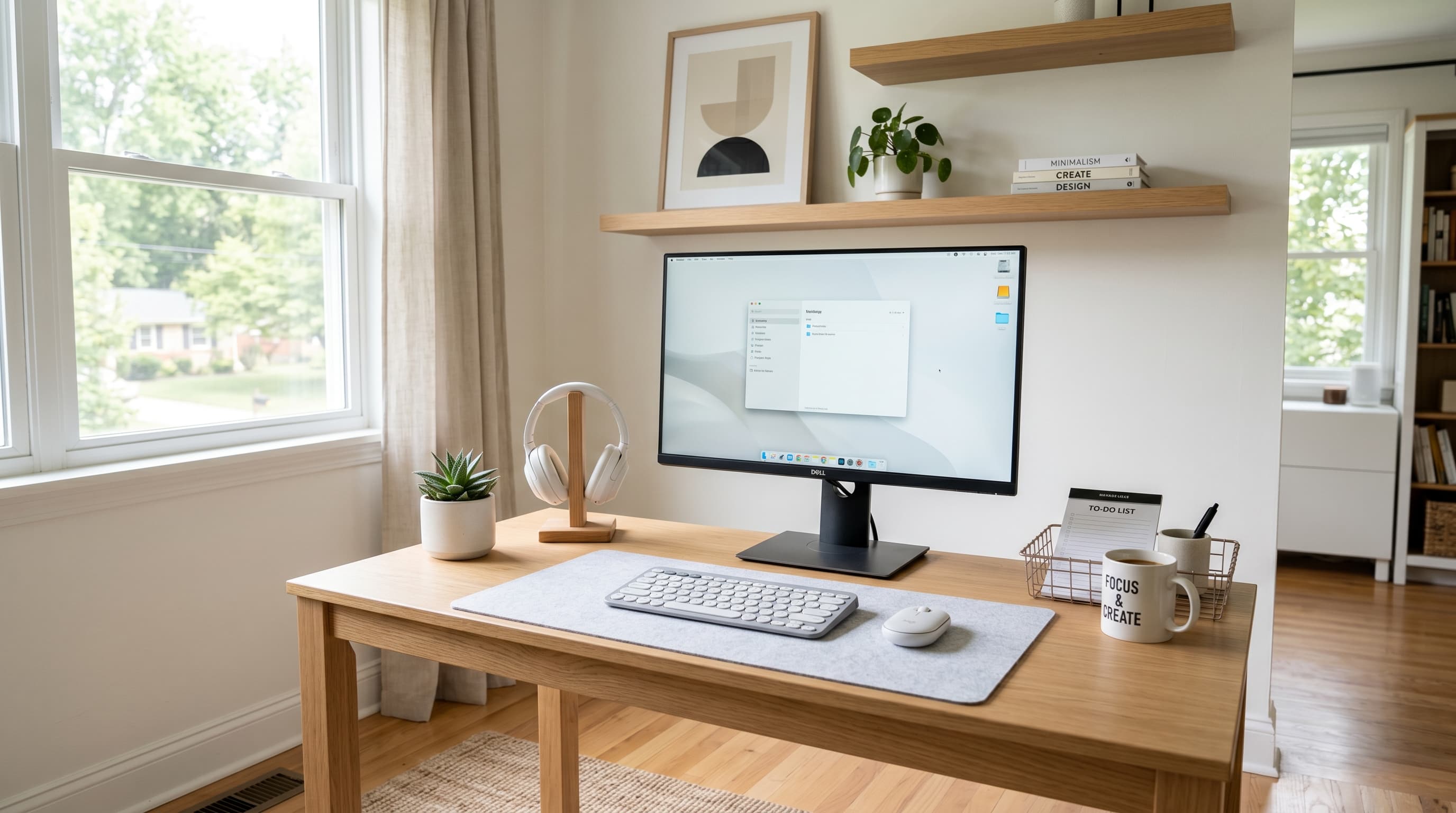 A clean budget home office desk setup with a monitor, keyboard, and simple accessories in a bright room