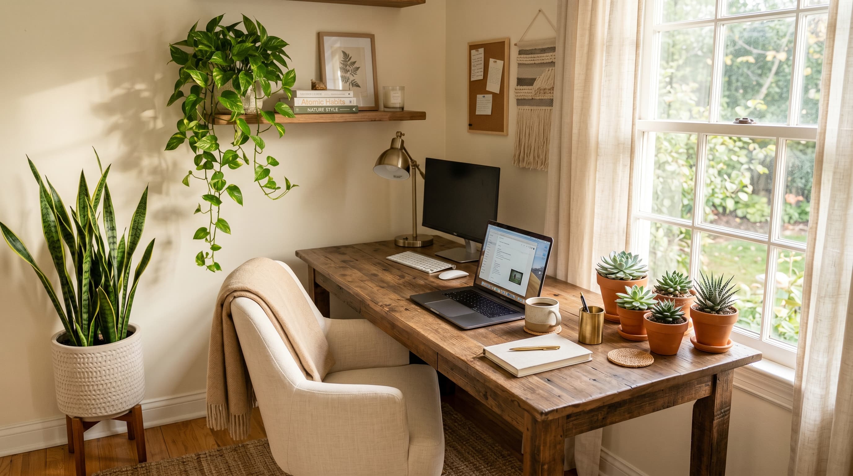 A home office desk surrounded by lush green plants including a snake plant, pothos, and succulents