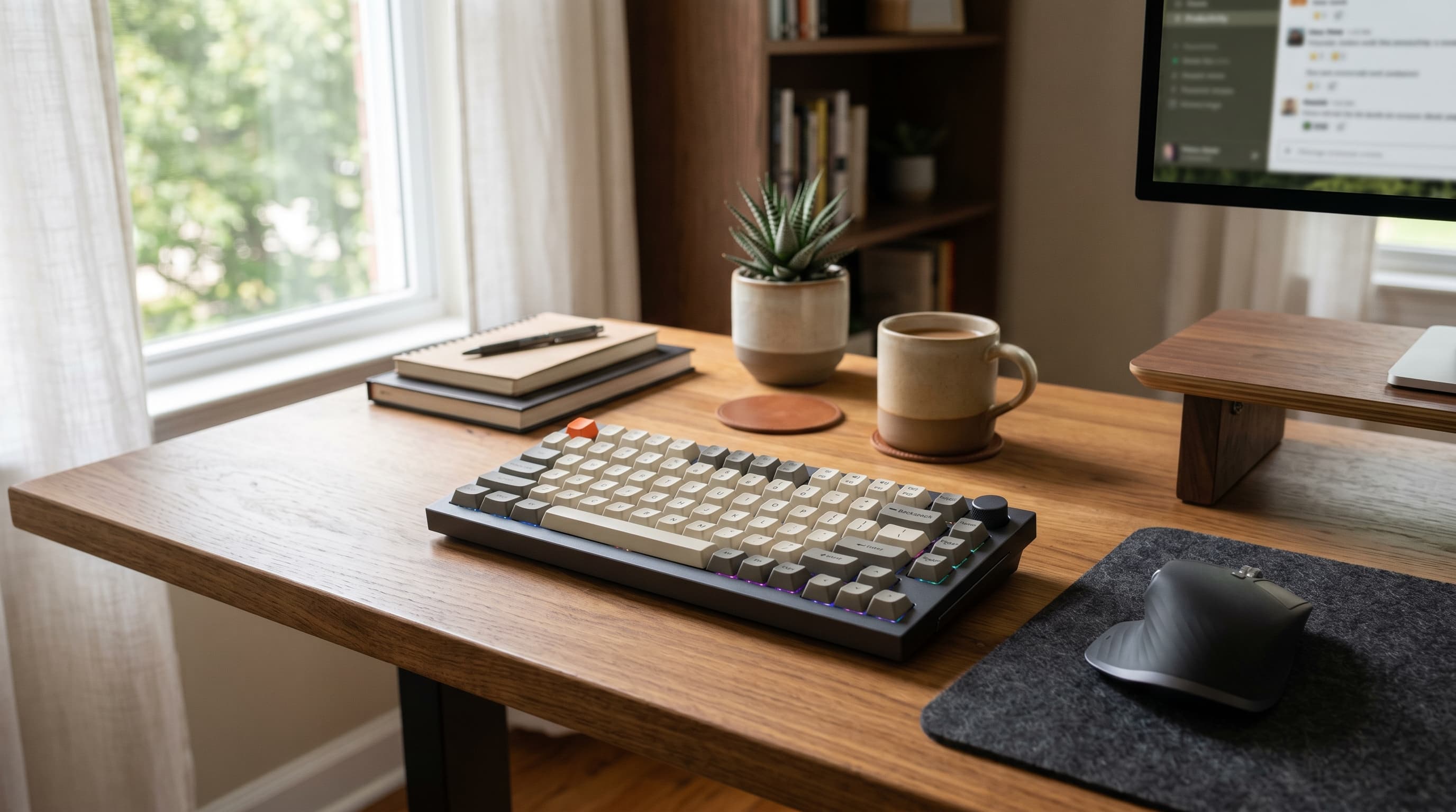 A premium wireless mechanical keyboard and ergonomic mouse on a warm wooden home office desk