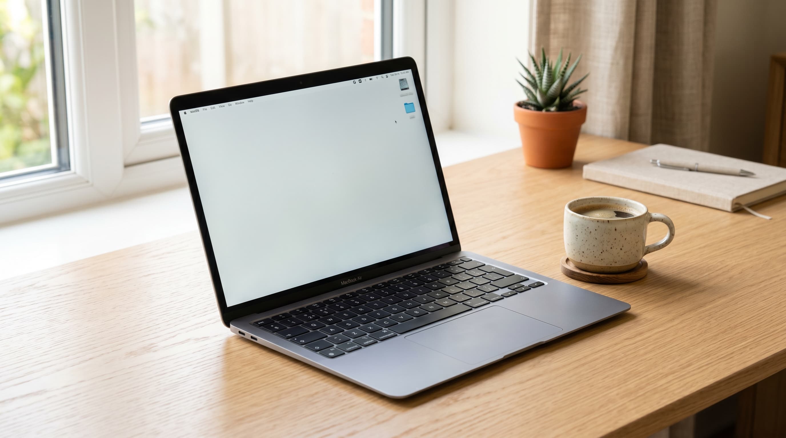 A sleek open laptop on a minimal home office desk with a coffee cup and notebook nearby