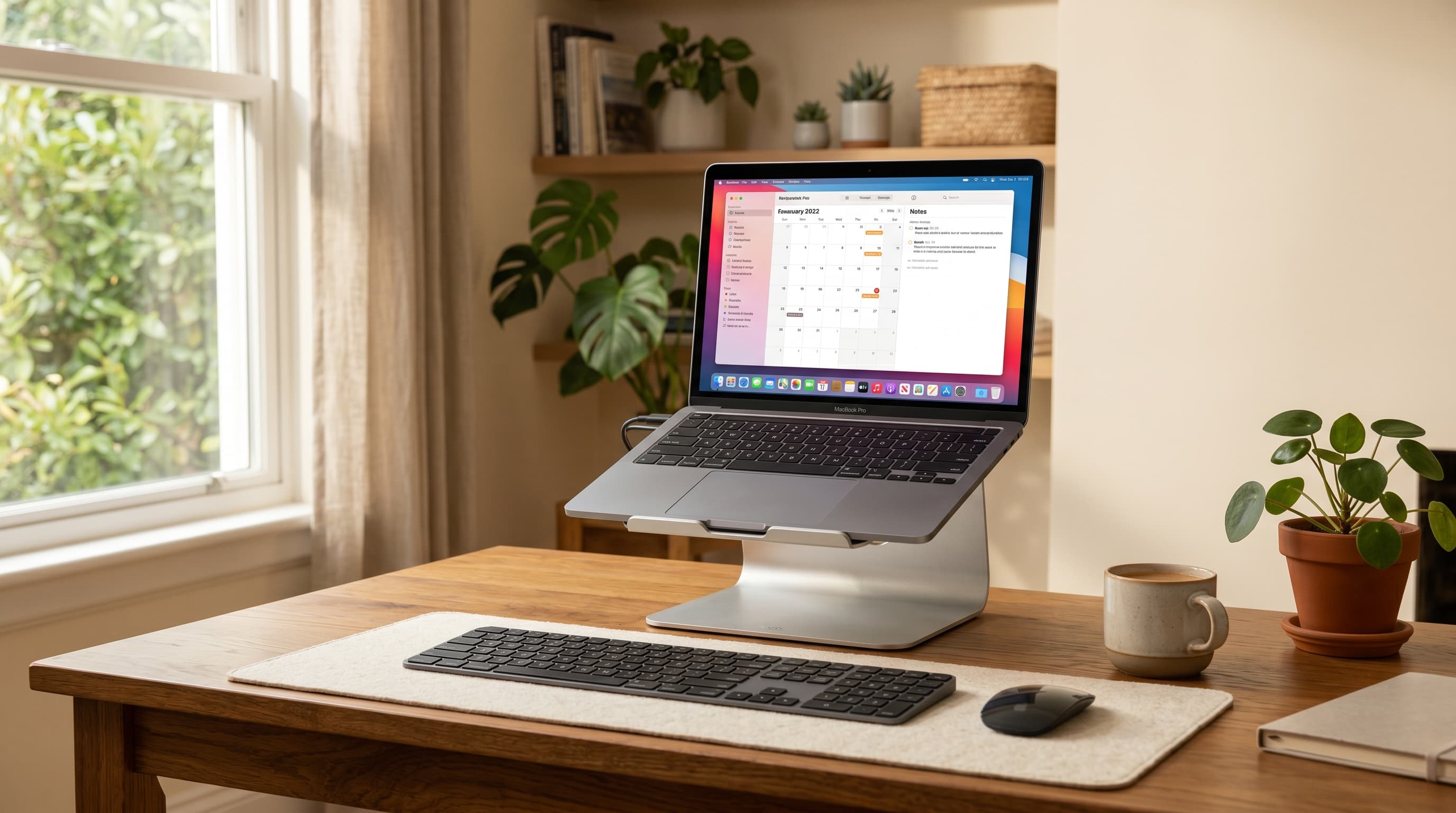An aluminum laptop stand elevating a MacBook to eye level on a clean wooden home office desk with an external keyboard and mouse