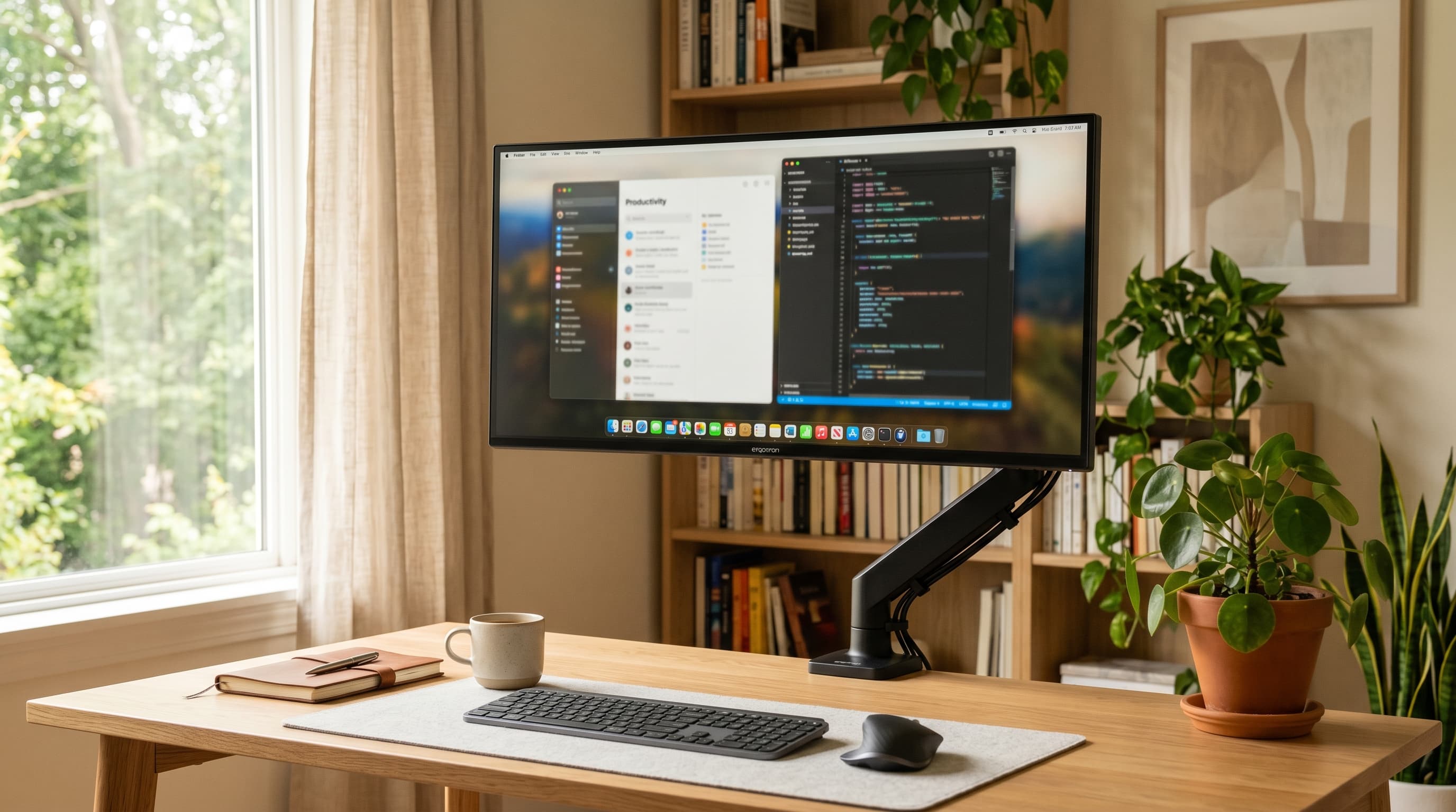 An Ergotron LX monitor arm holding a large monitor at perfect eye level above a clean wooden home office desk