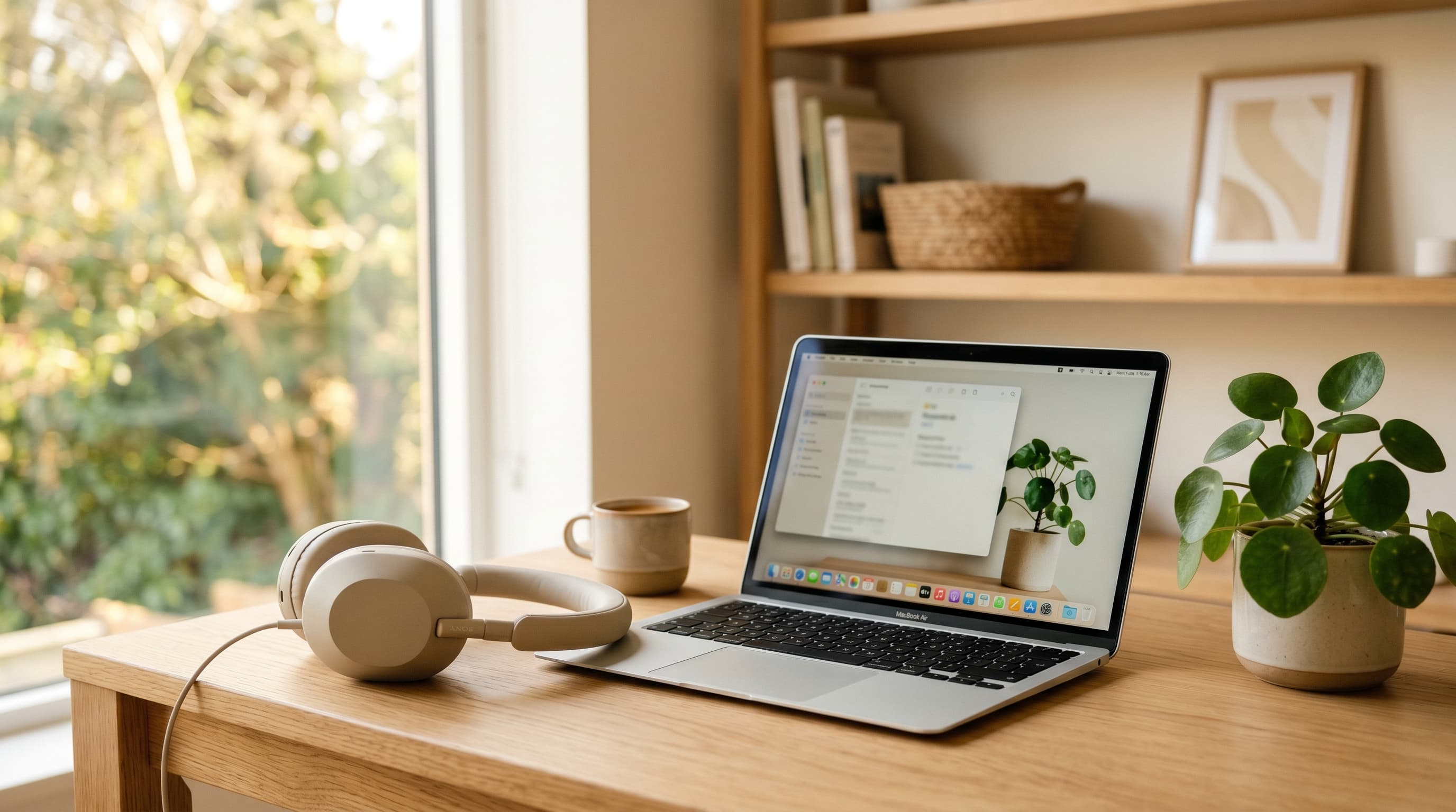 Premium over-ear noise-cancelling headphones on a minimal wooden home office desk
