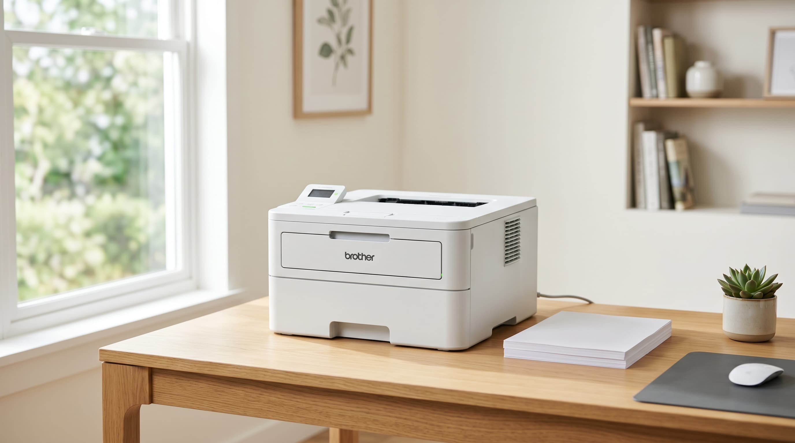A compact wireless laser printer on a home office desk next to a stack of printed documents