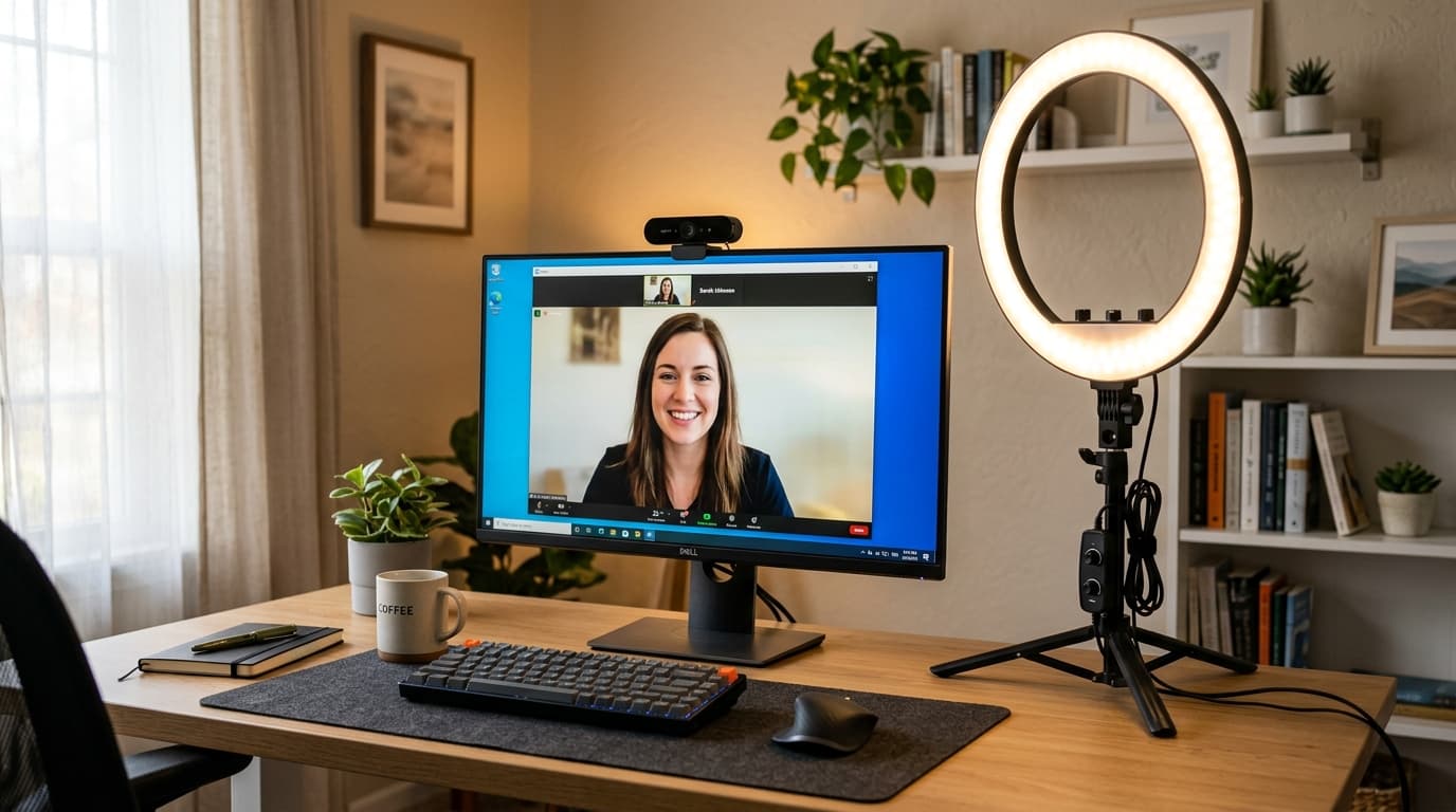 A ring light illuminating a home office desk setup for video calls.