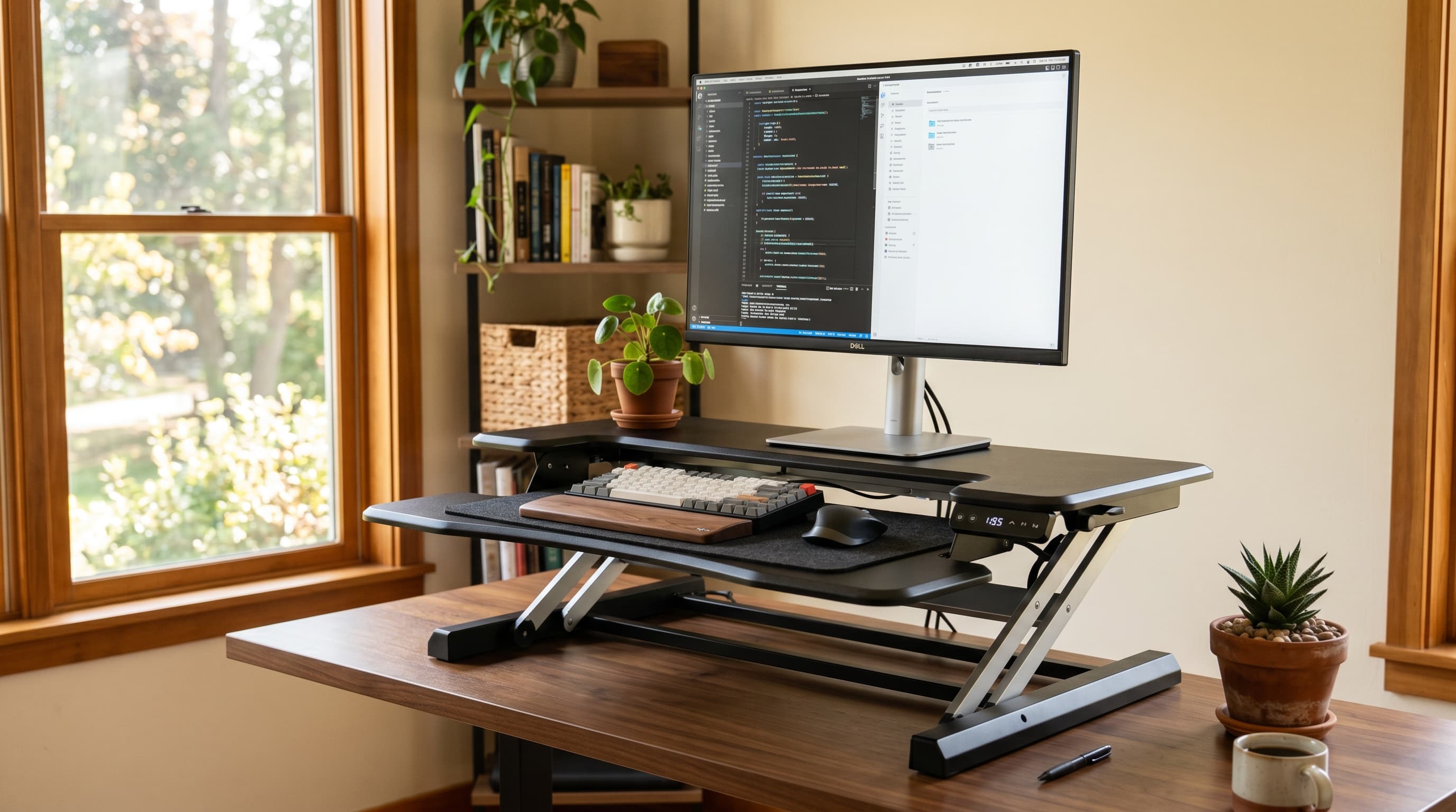A sleek standing desk converter raised to standing height on a home office desk with a monitor, keyboard, and warm natural light