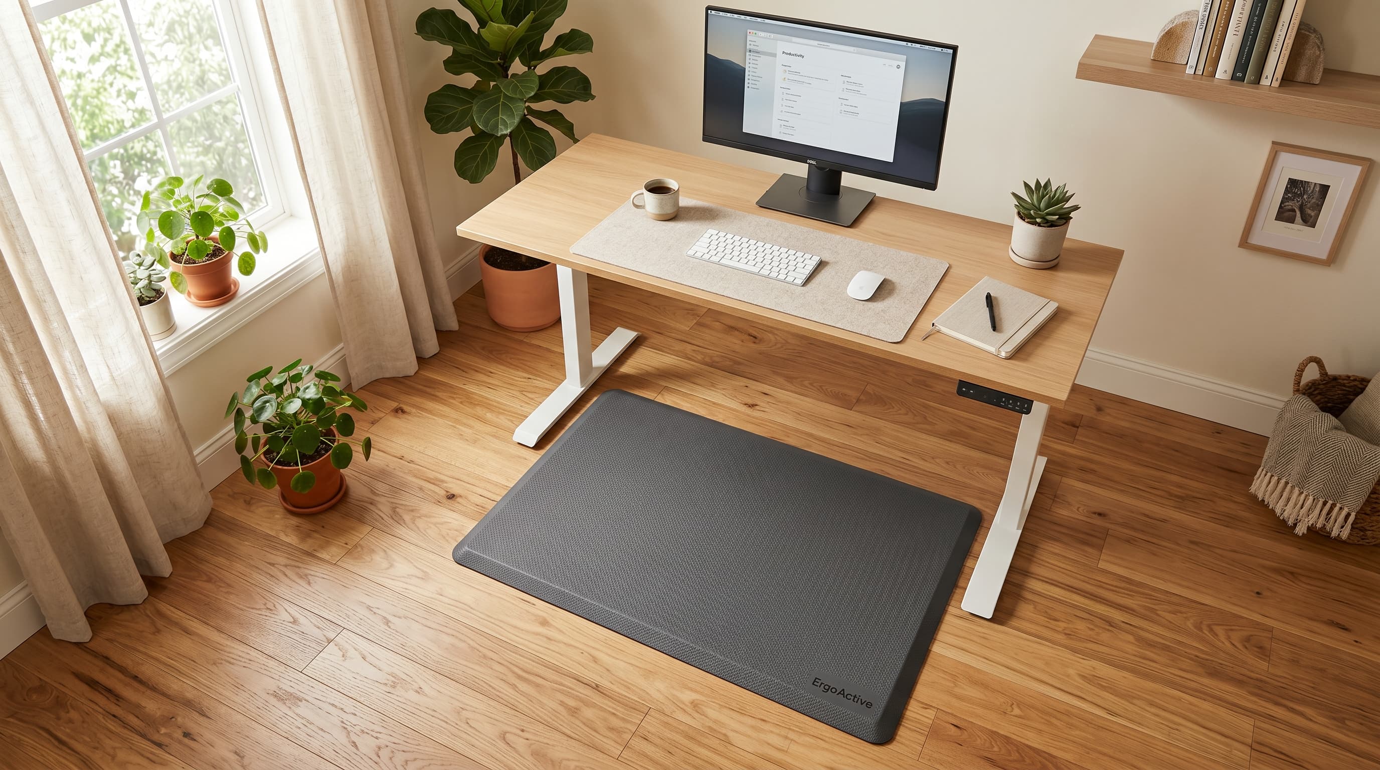 A thick anti-fatigue standing desk mat on a warm wood floor beneath a minimal electric standing desk in a clean home office