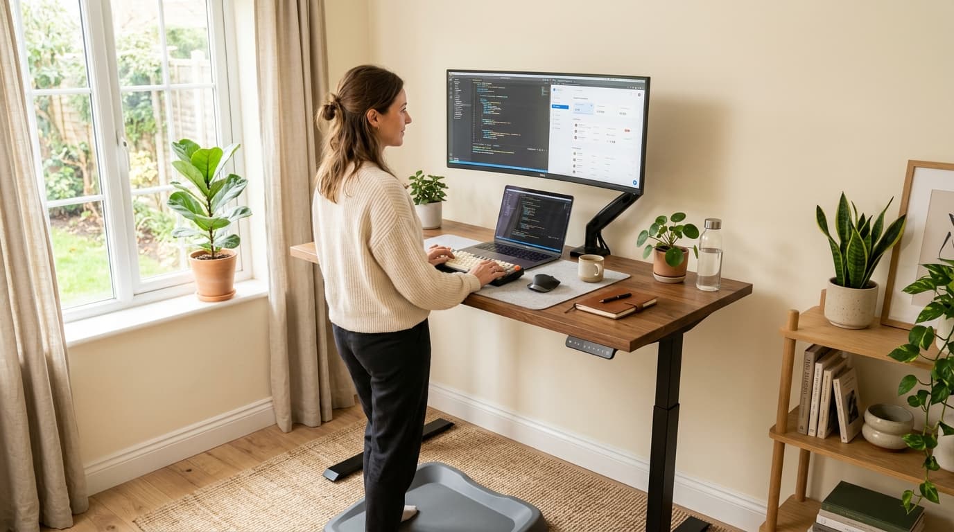 A stylish electric standing desk in a cozy home office