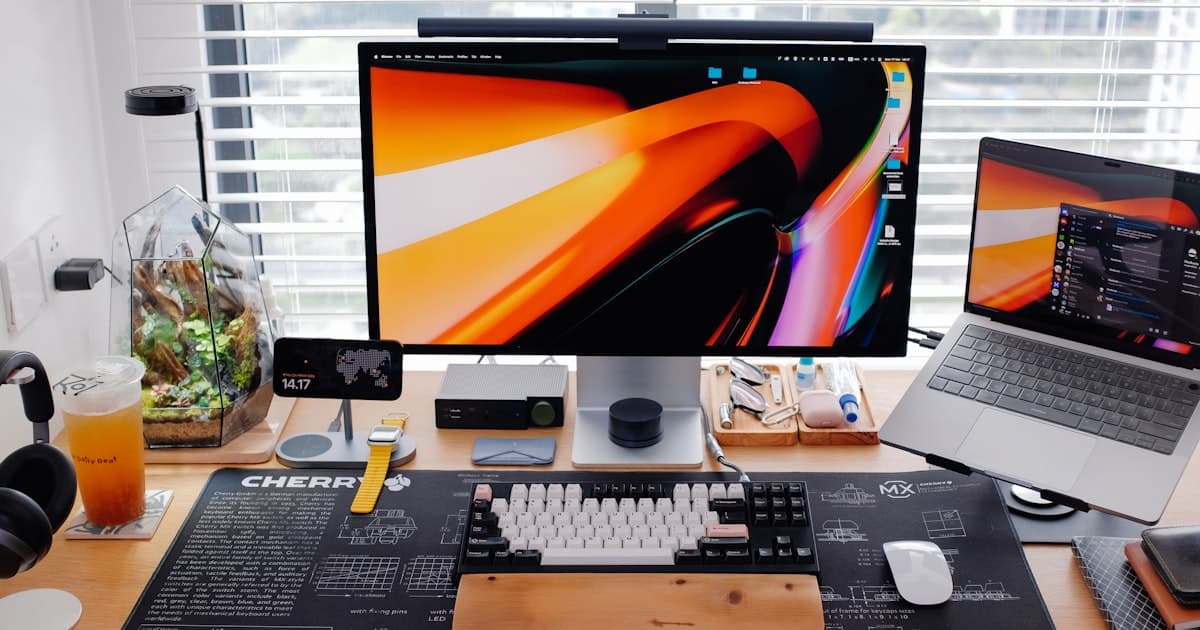 A 34-inch ultrawide monitor displaying a split productivity layout on a clean home office desk with a laptop to the side