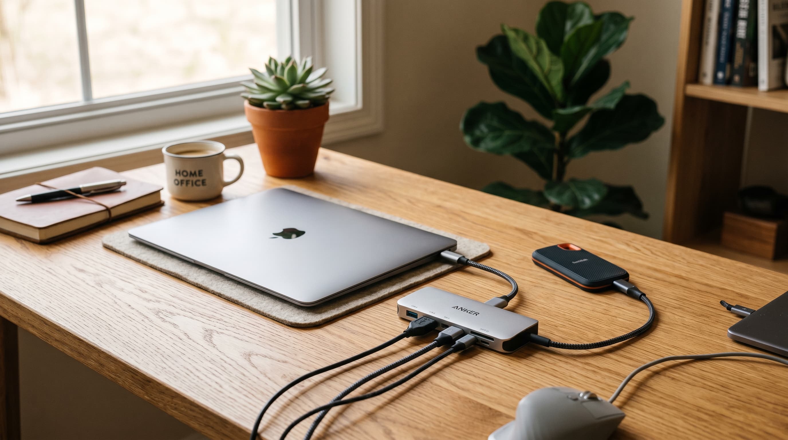 A compact USB hub with multiple ports on a clean wooden home office desk beside a laptop, cables neatly connected