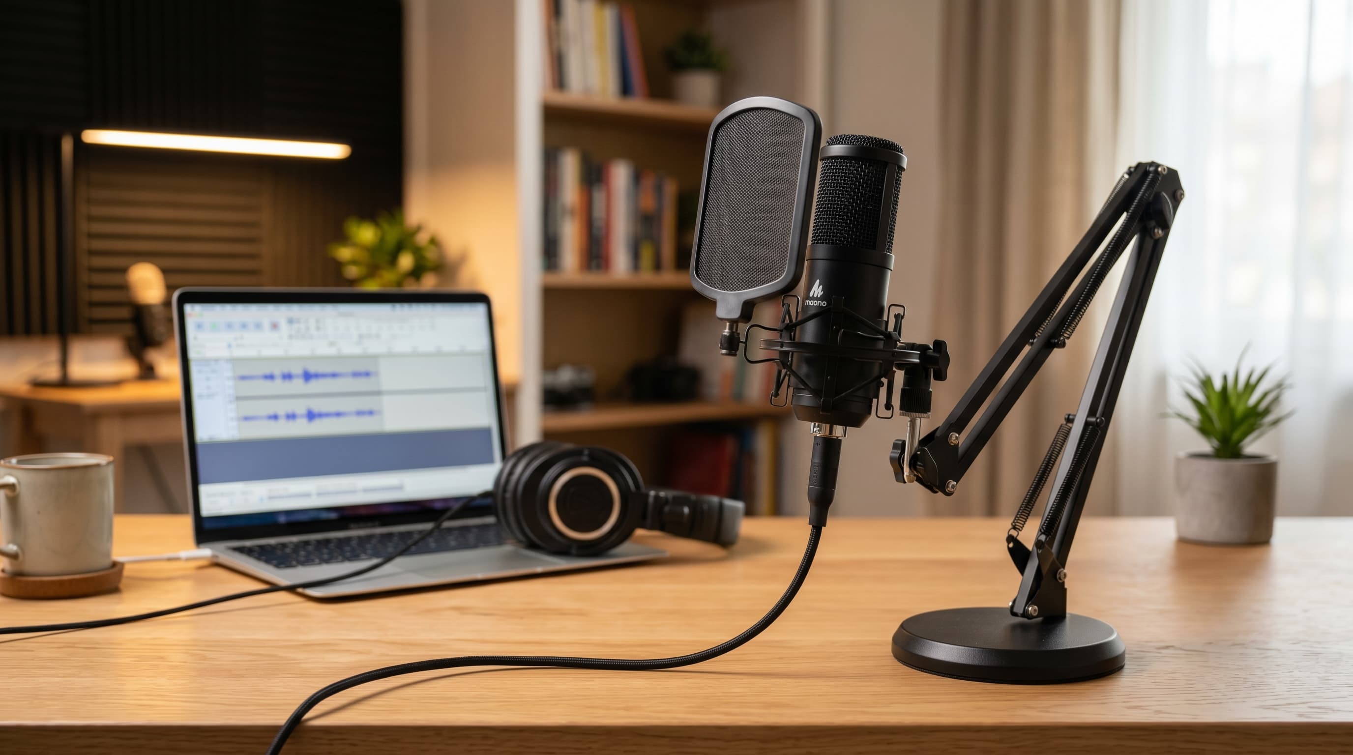 A USB condenser microphone on a desk stand next to a laptop in a home office setup