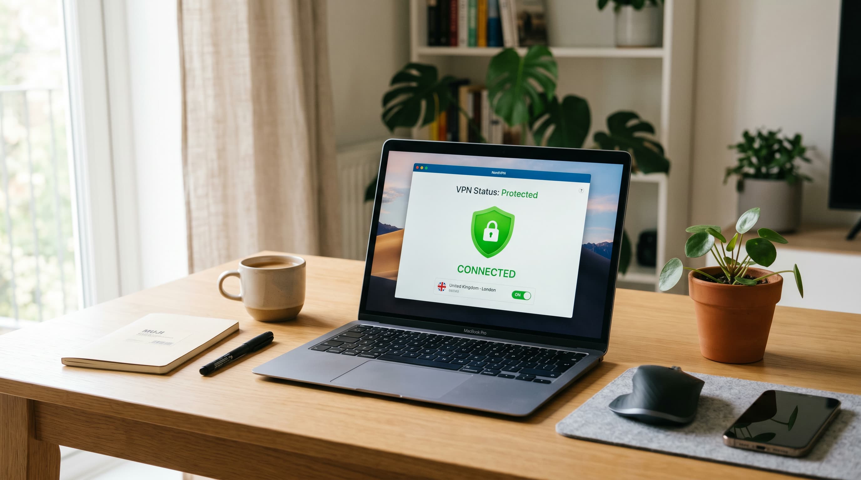 A remote worker at a clean home office desk with a laptop showing a VPN connection active on screen