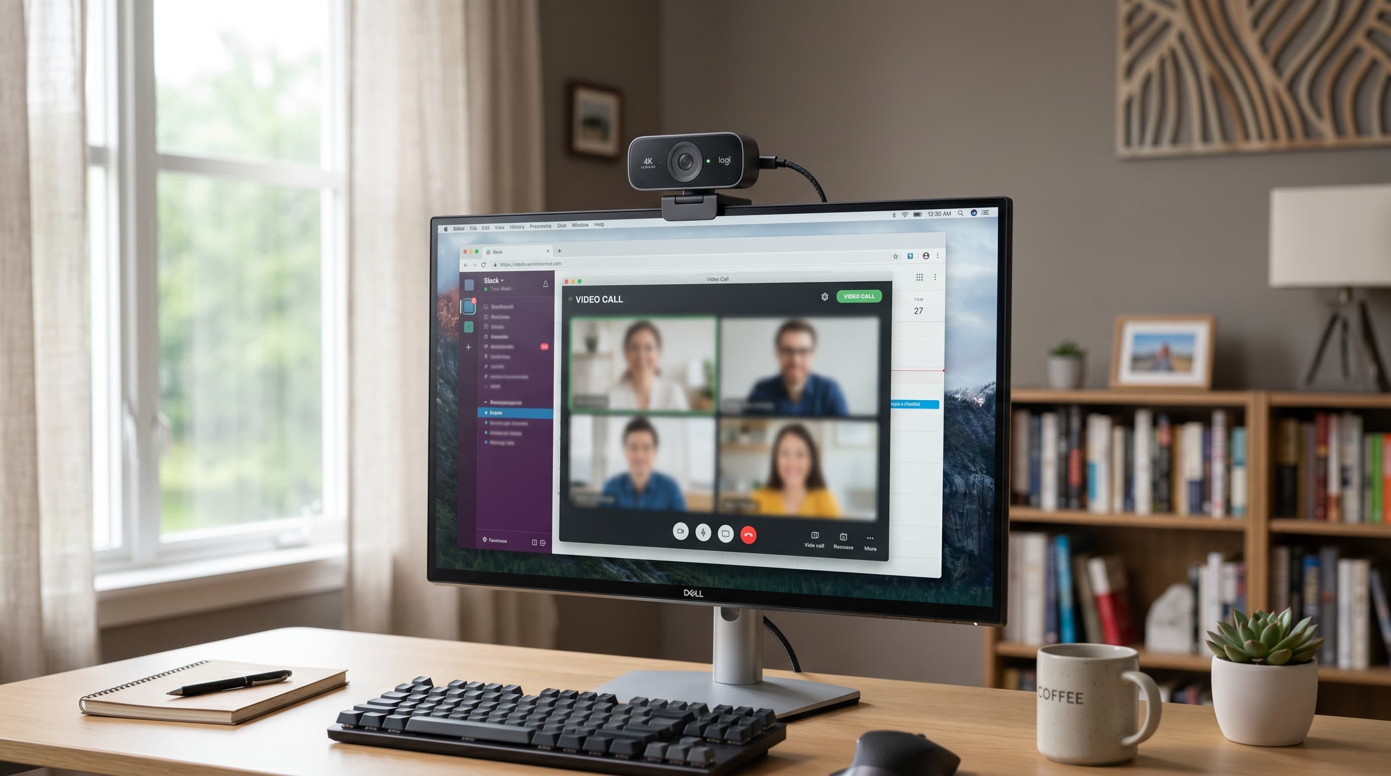 A Logitech Brio 4K webcam mounted on a widescreen monitor above a tidy home office desk with warm side lighting.