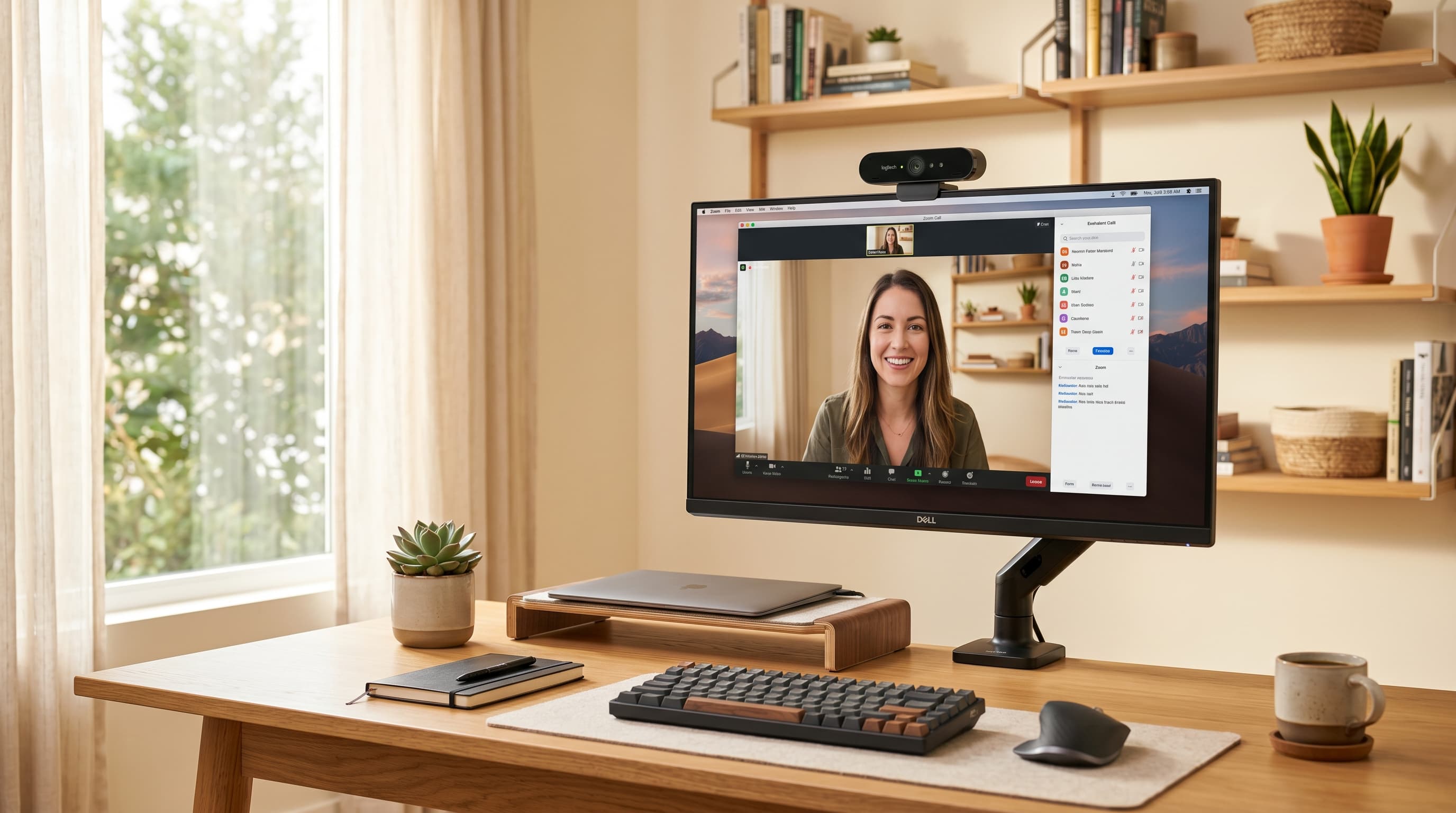 A Logitech Brio 500 webcam mounted on a monitor above a clean wooden home office desk with soft natural lighting from the side