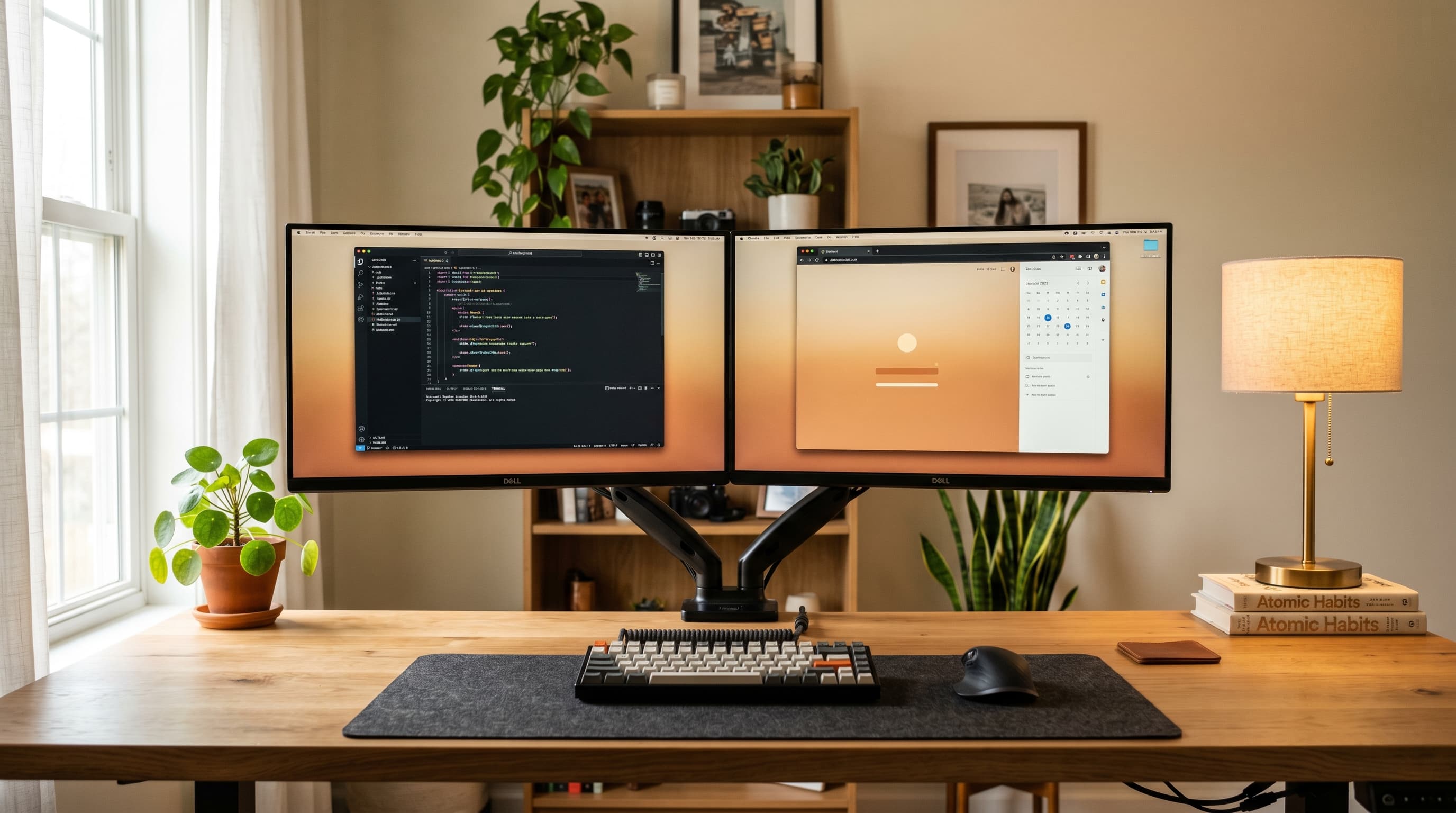 A clean dual monitor setup on a wide wooden home office desk with two matching monitors on monitor arms