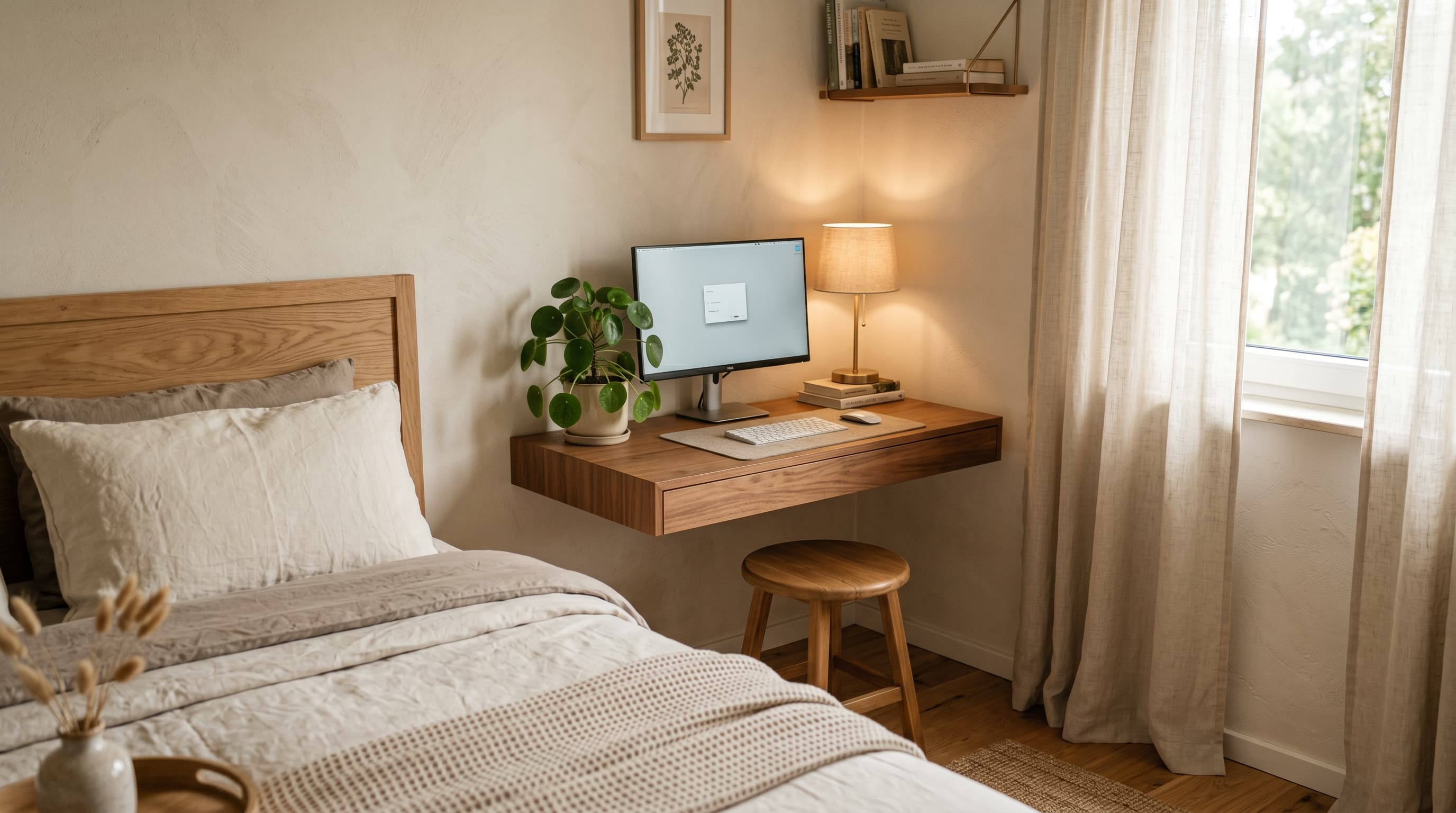 A cozy bedroom home office nook with a compact floating desk, small monitor, and warm lamp beside a neatly made bed