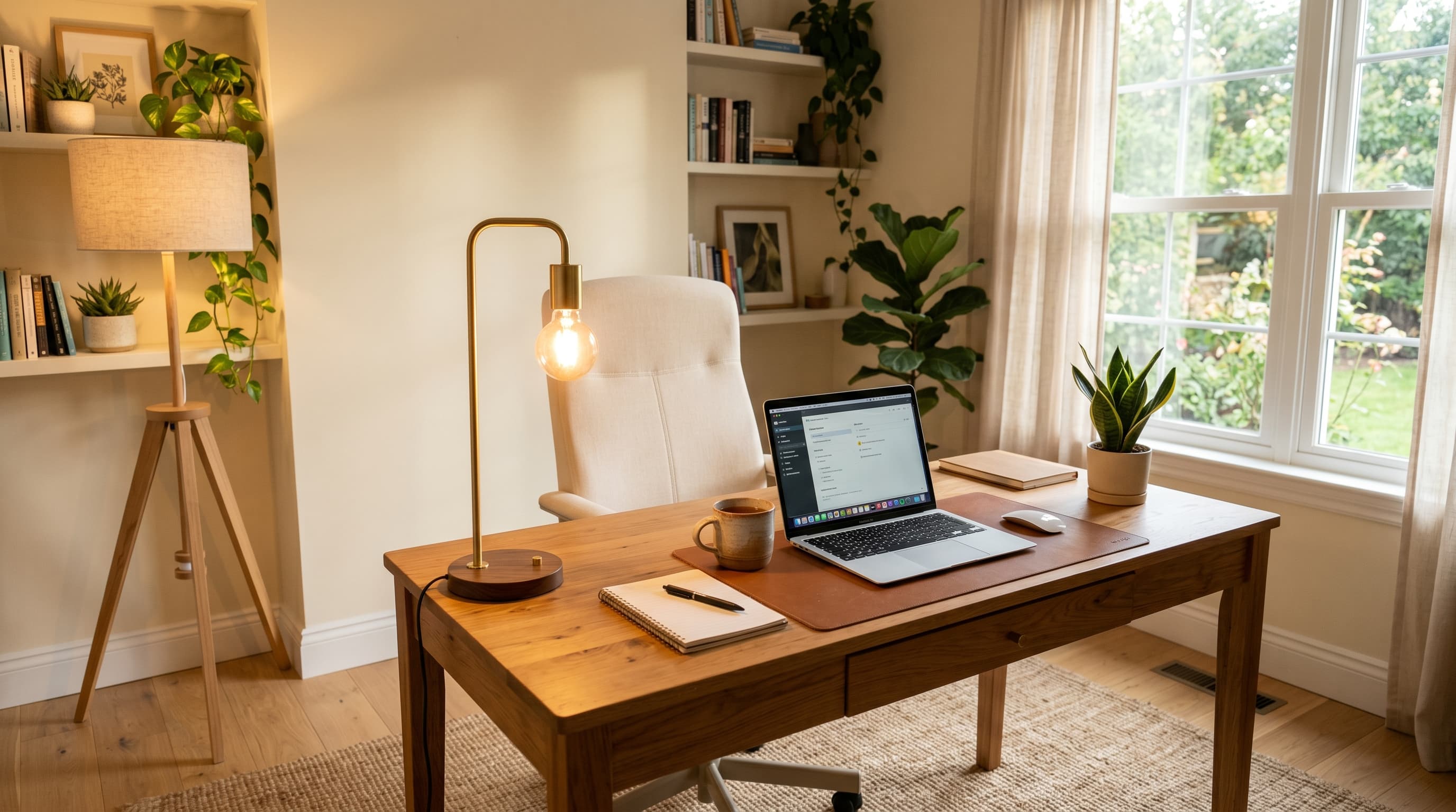 A beautifully lit home office with layered lighting — warm LED desk lamp, ambient floor lamp, and natural daylight from a window
