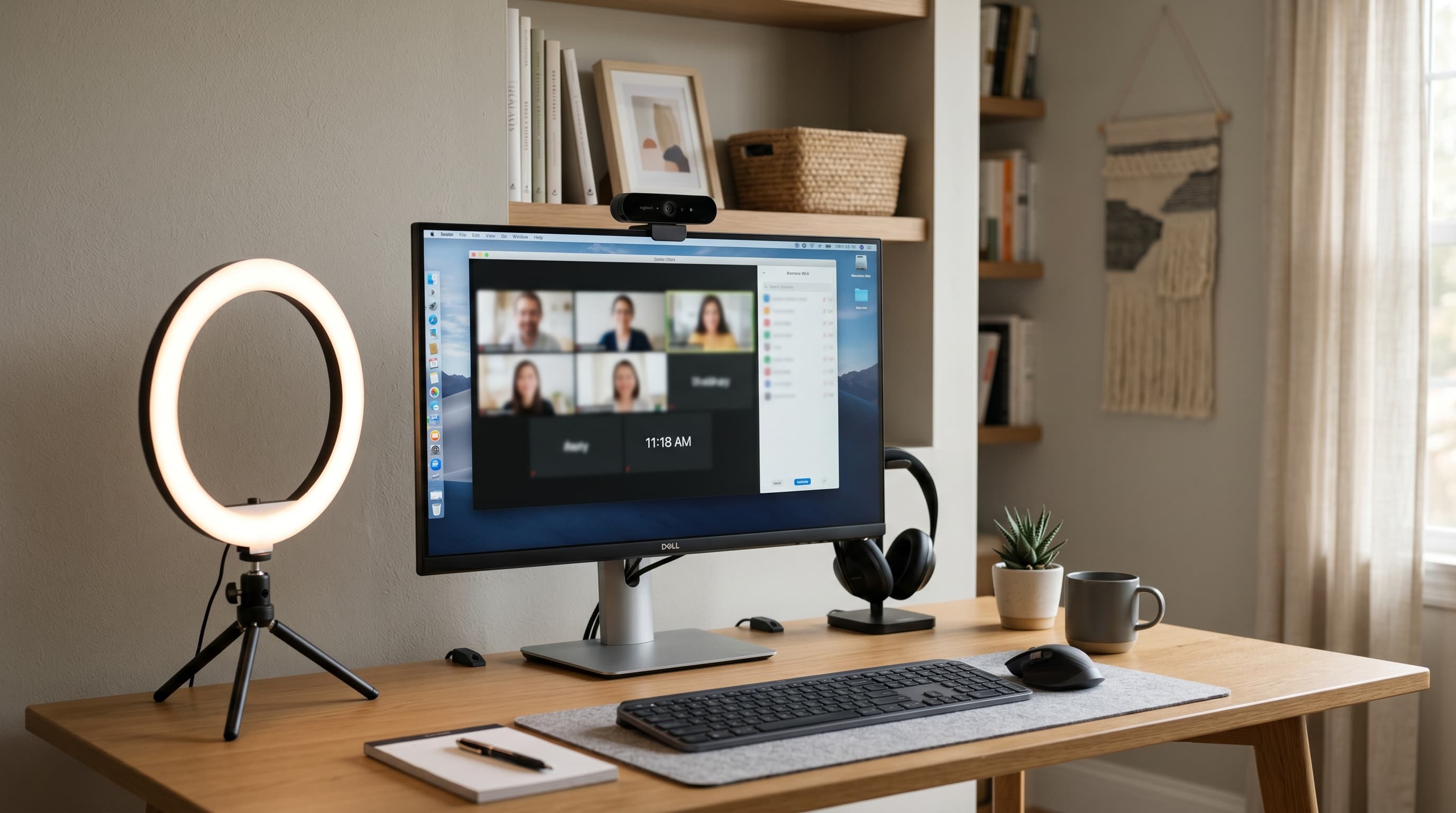A well-lit home office desk setup for video calls with a ring light, external webcam, and clean background