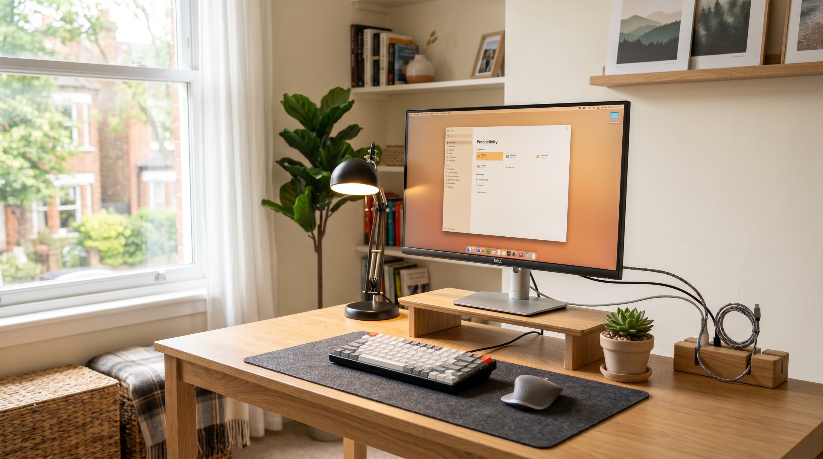 A clean budget home office setup on a wooden desk with monitor, keyboard, and a small plant