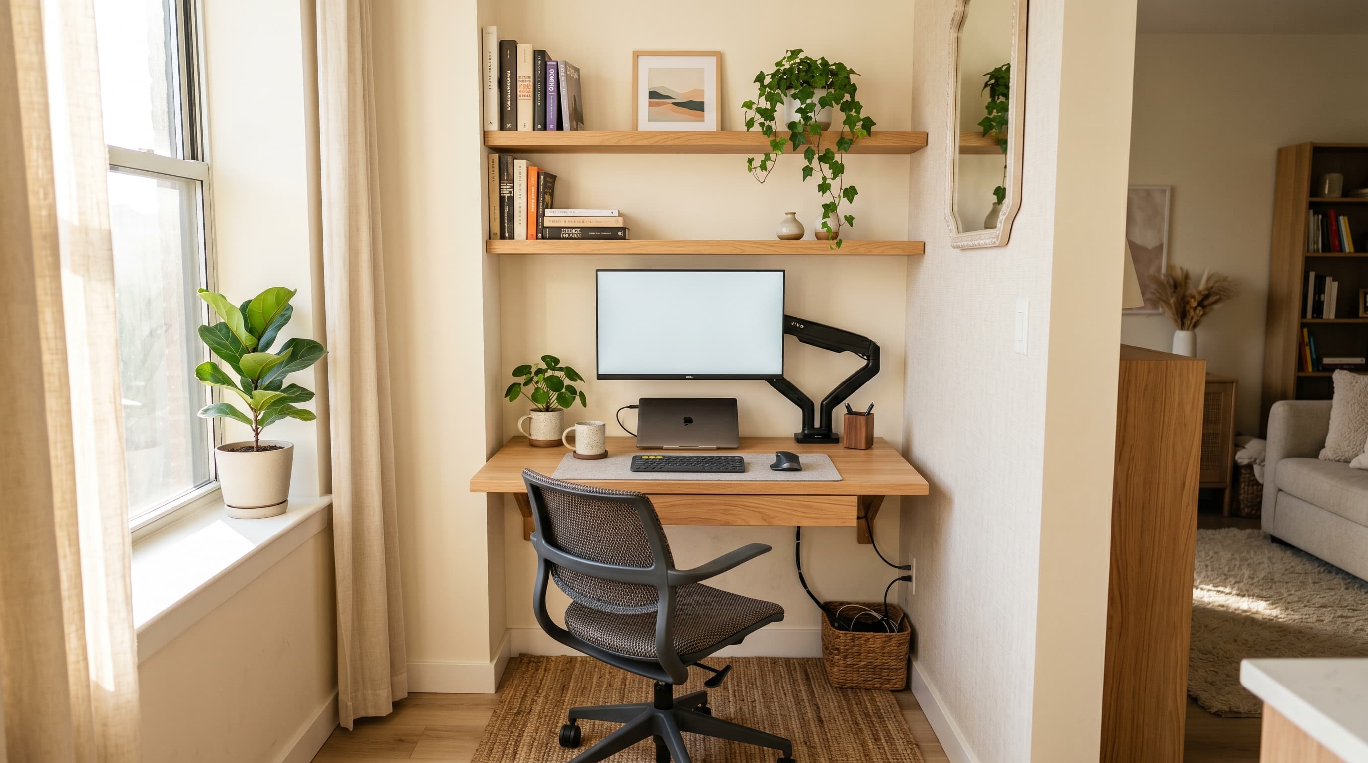 A clever small apartment home office nook with a compact floating desk, monitor arm, wall-mounted shelves, and warm natural light