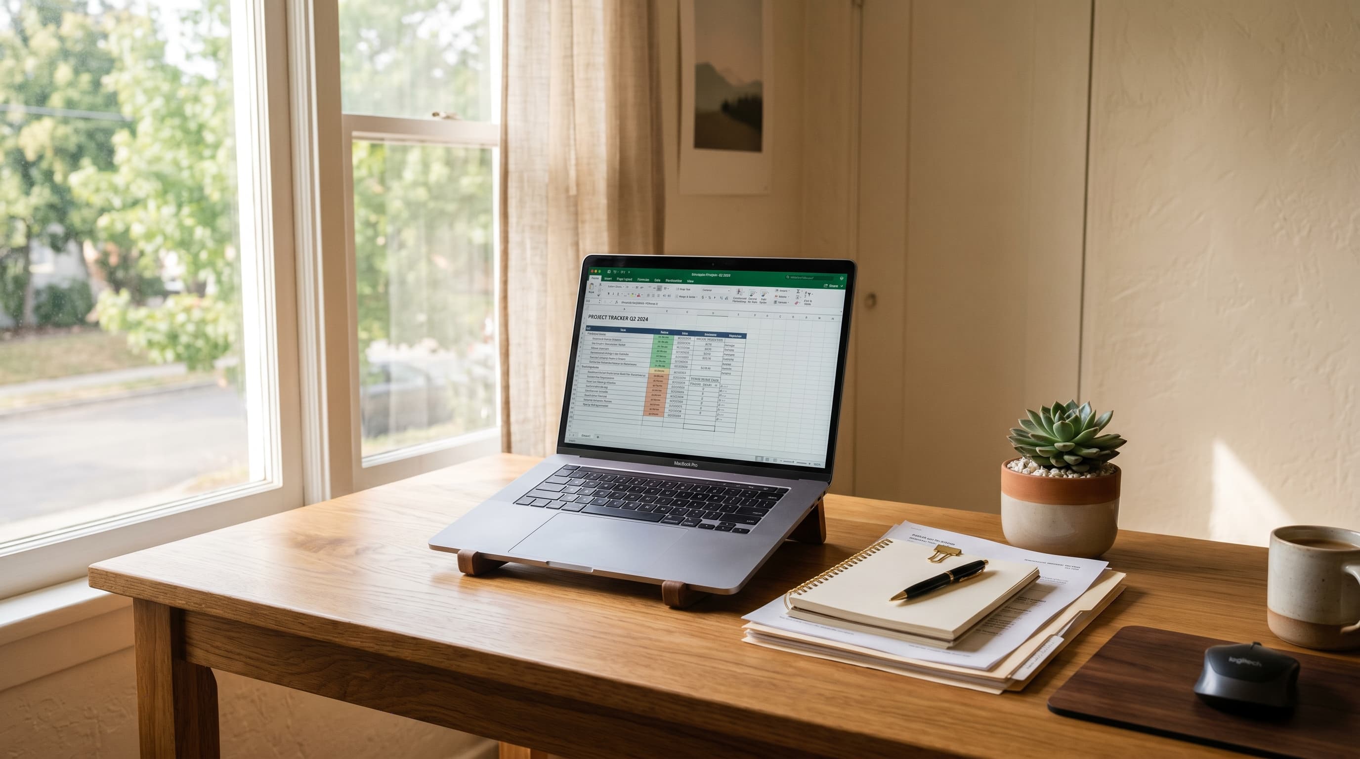 A clean home office desk with a laptop spreadsheet, papers, and warm natural window light