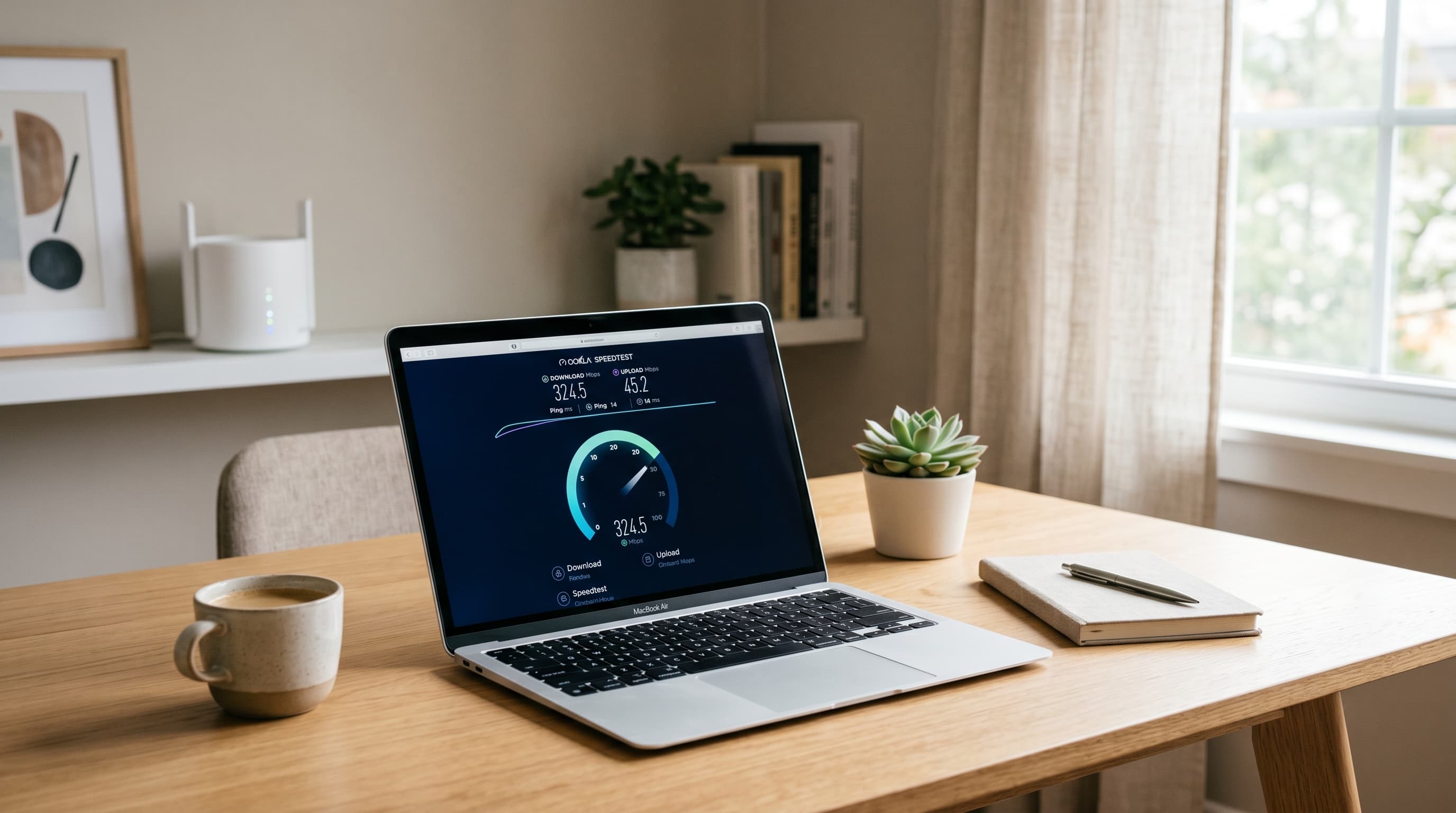 A laptop showing a speed test result on a home office desk with a WiFi router in the background