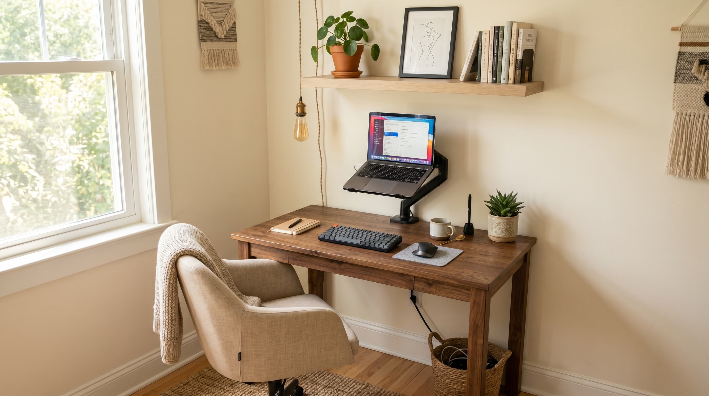 A compact home office corner setup with a small desk under 48 inches, monitor arm, and floating shelf above