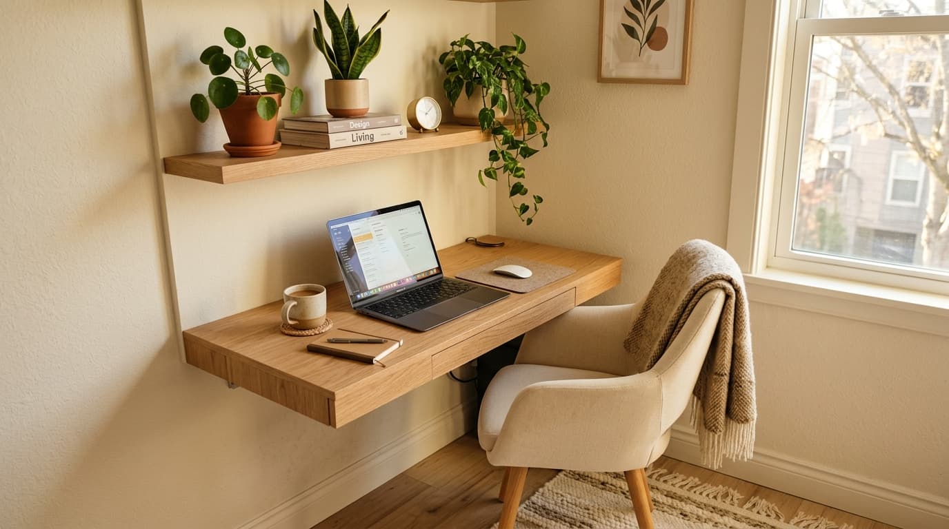 A clever small home office setup in a compact apartment corner