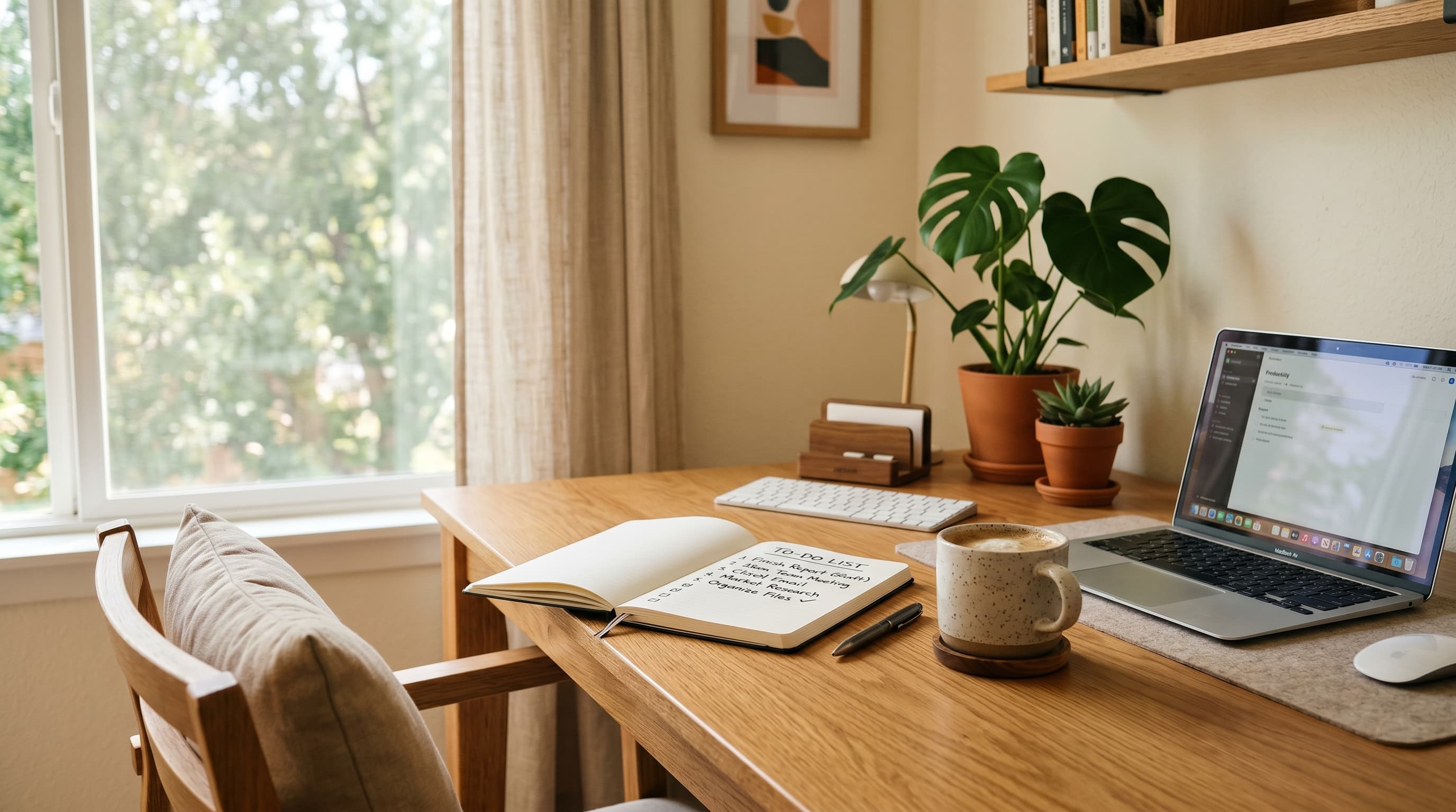 A focused home office workspace with a clean desk, open notebook, laptop, and morning coffee in warm natural light