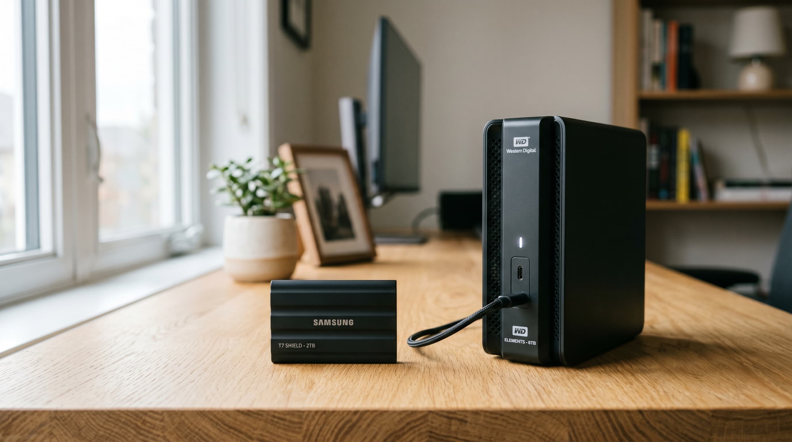 A home office desk with a Samsung T7 Shield portable SSD and a Seagate desktop hard drive next to a laptop, keyboard, and coffee mug, showing an organized backup setup.