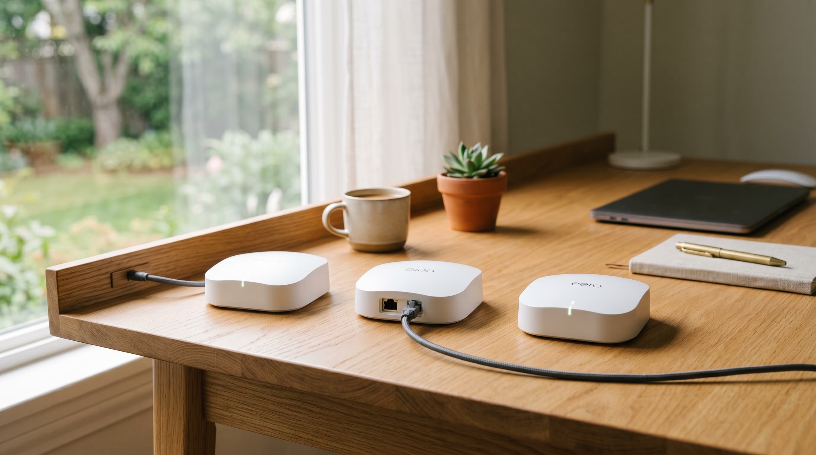 Three white mesh WiFi nodes arranged on a home office desk with a laptop and Ethernet cables in the background