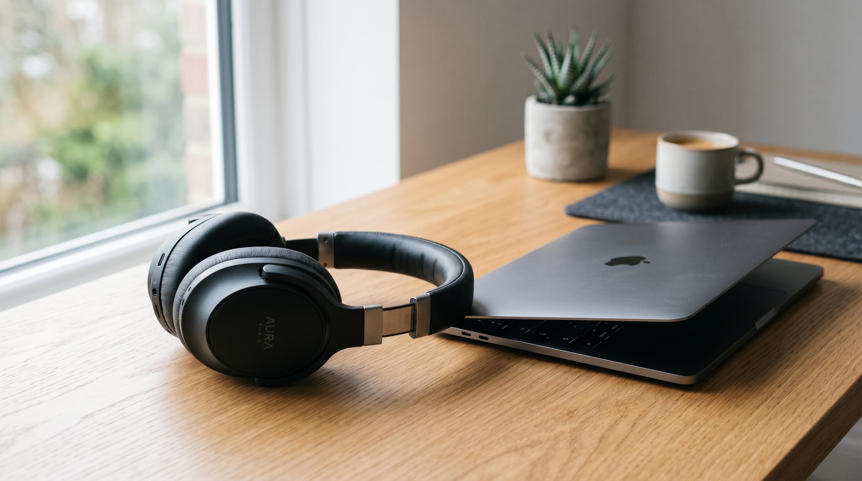Over-ear noise-cancelling headphones resting on a clean wooden home office desk beside a laptop and a coffee mug.