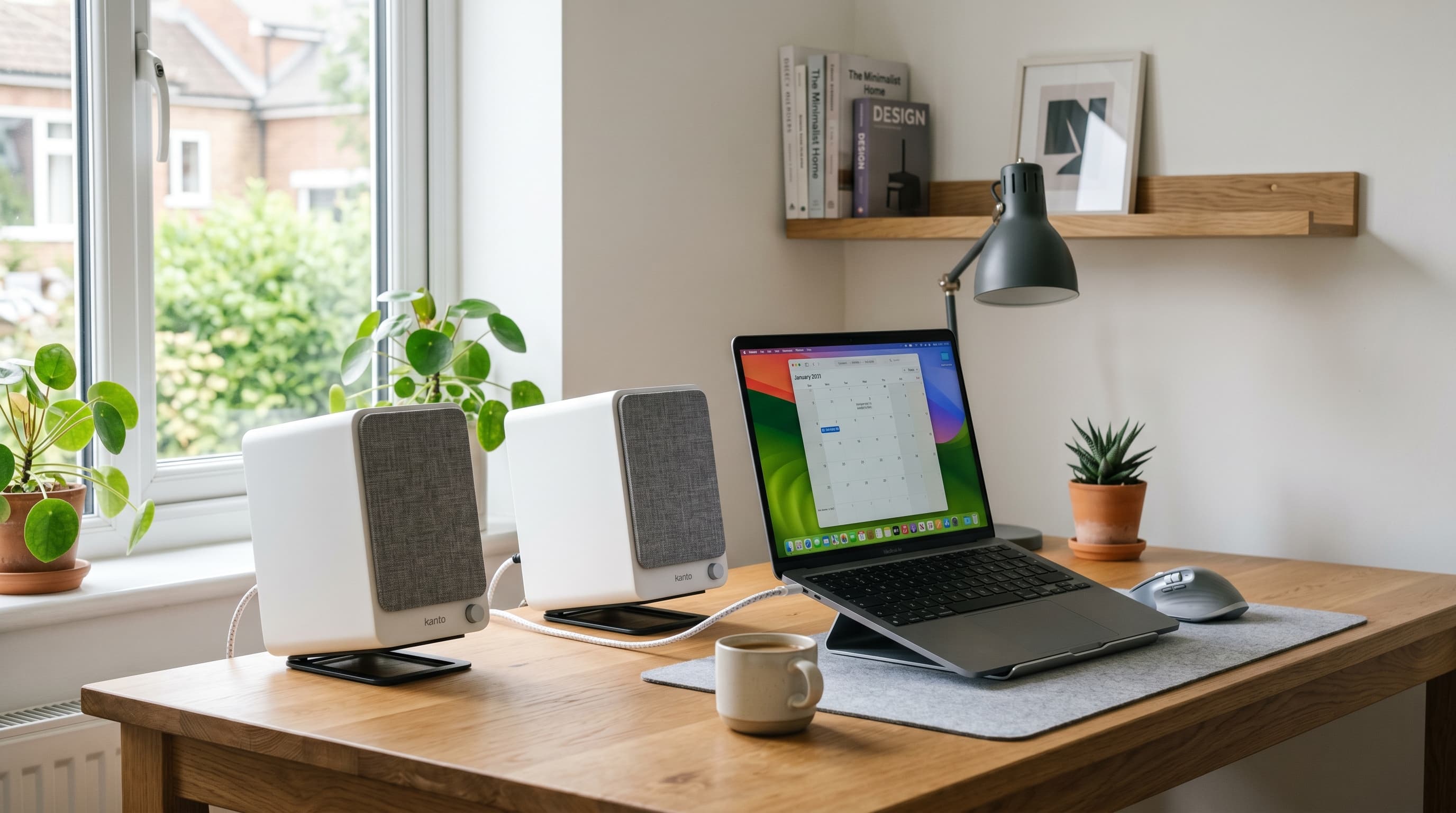 A pair of compact bookshelf speakers on a clean home office desk beside a monitor and laptop.
