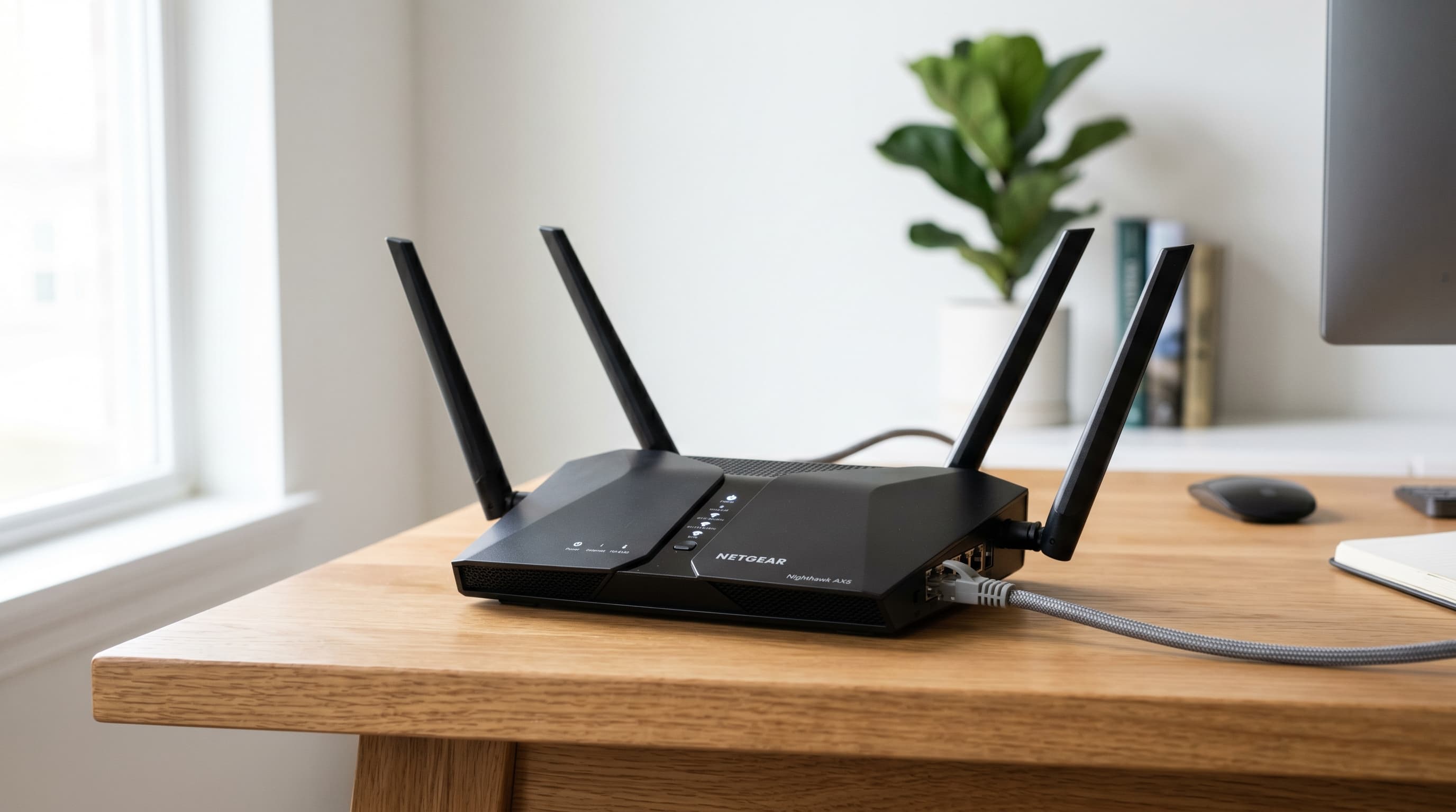 A modern WiFi 6 router on a clean home office desk with Ethernet cables connected