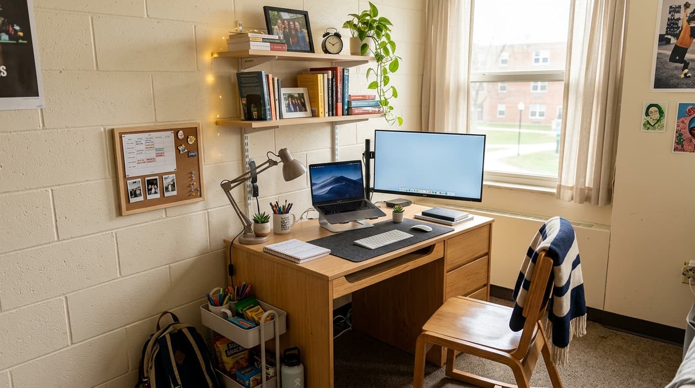 A compact dorm room home office setup with a laptop, monitor arm, and organized desk in a small space.