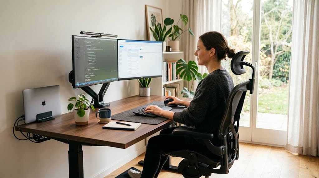 A bright, modern home office desk setup with a computer monitor, green plants and a clean ergonomic workspace
