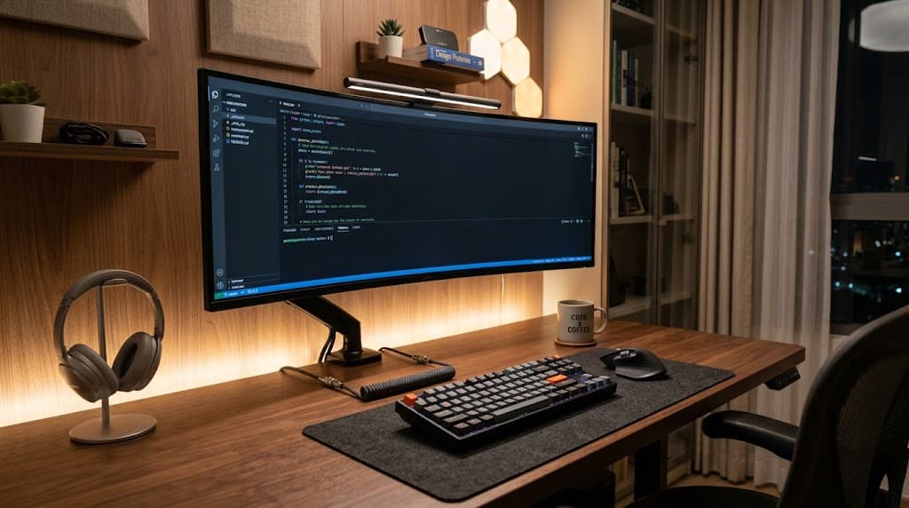A sleek modern home office desk setup with multiple monitors and a clean minimalist aesthetic for remote software developers