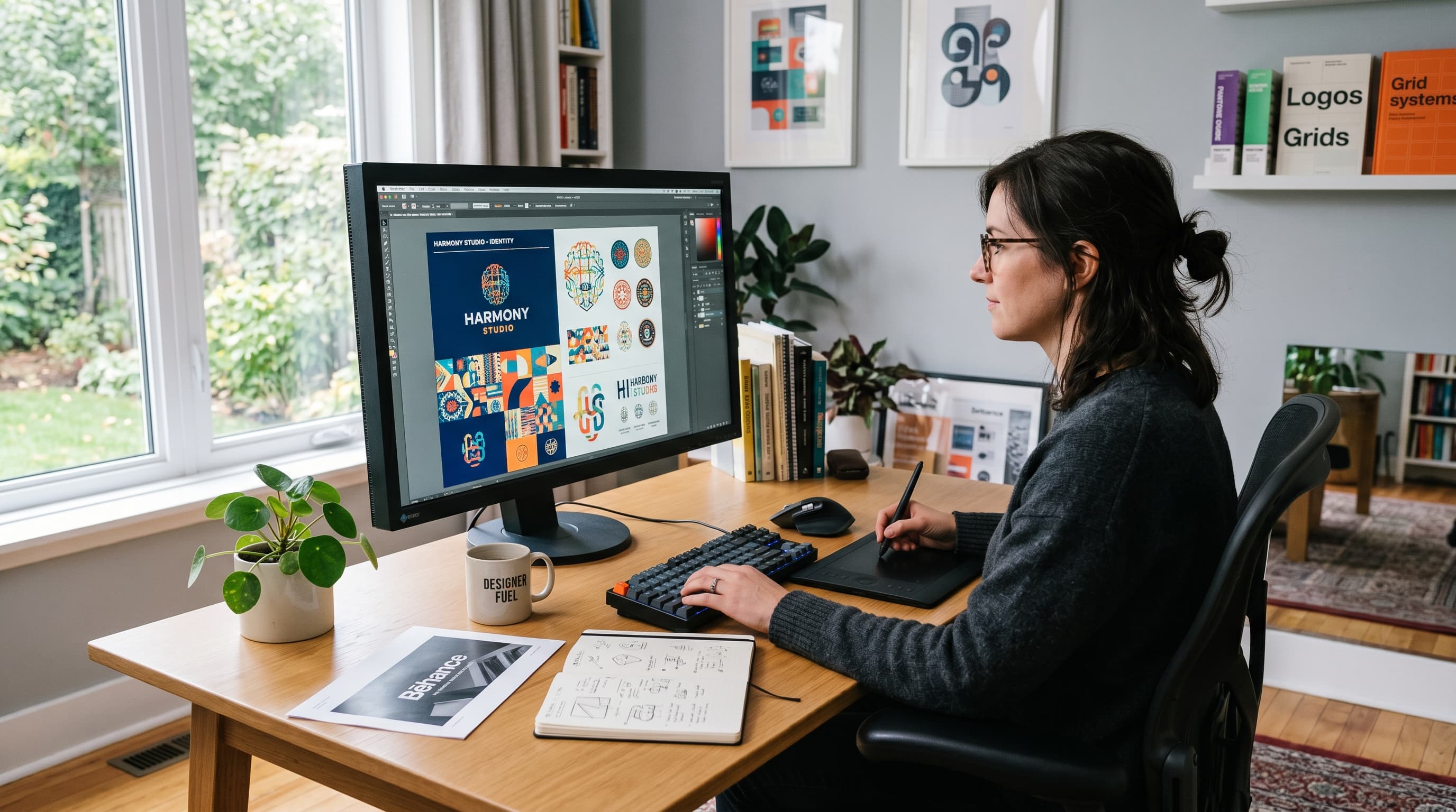 A professional graphic designer's home office with a large color-accurate monitor, drawing tablet, and organized desk workspace