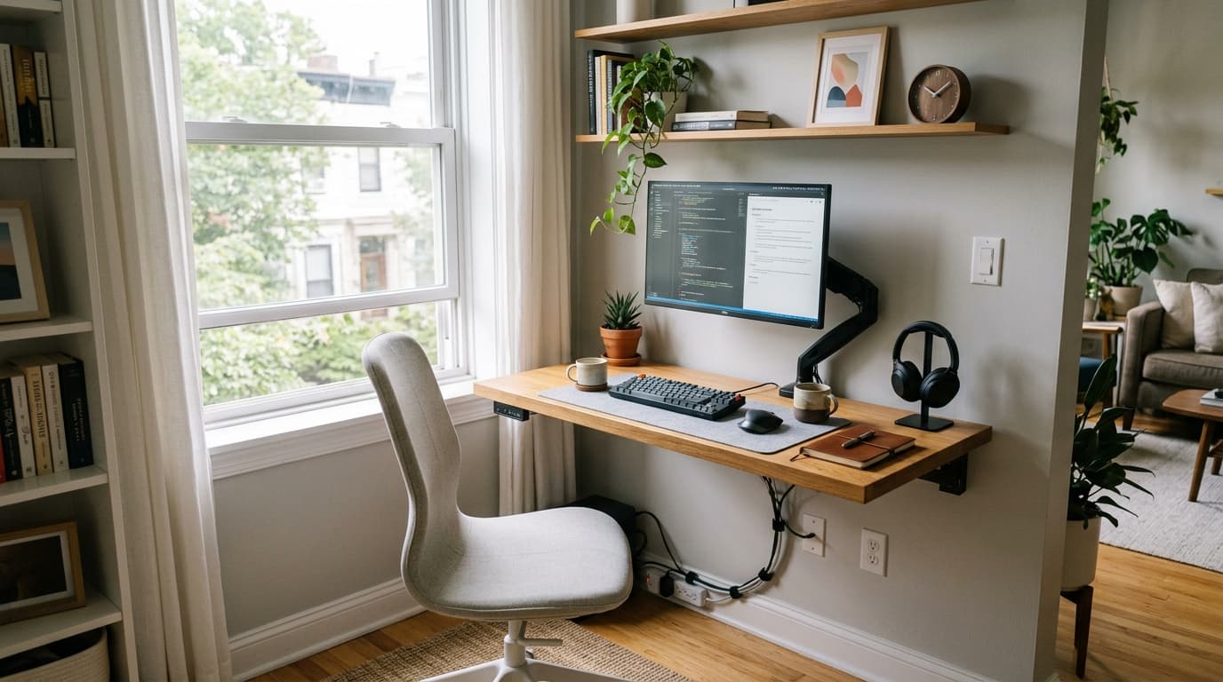 A cozy, modern home office desk setup with a computer, neutral tones and compact furniture arranged for productive remote work